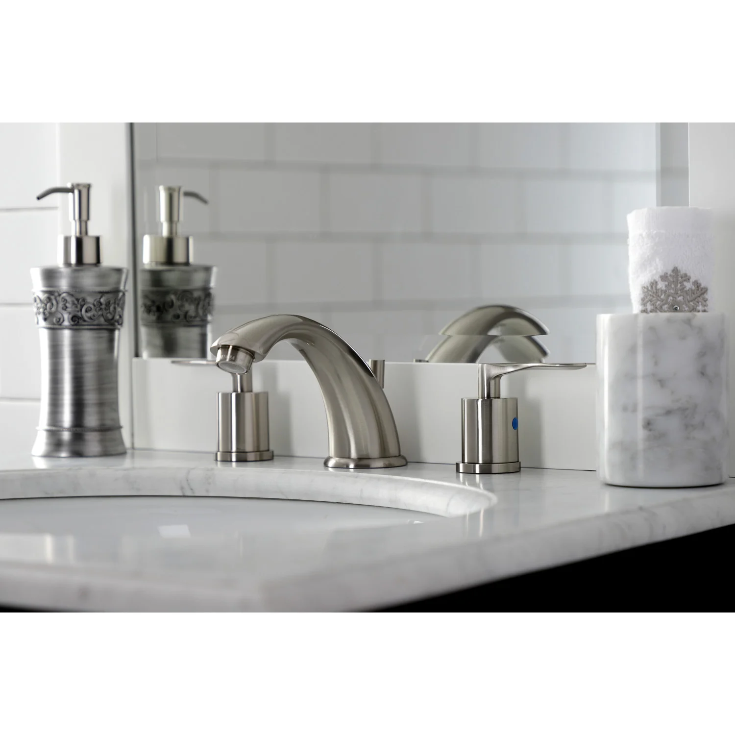 Kingston Tulare KB8968SVL - Serena Two-Handle 3-Hole Deck Mount Widespread Bathroom Faucet with Pop-Up Drain, Brushed Nickel - Image 3