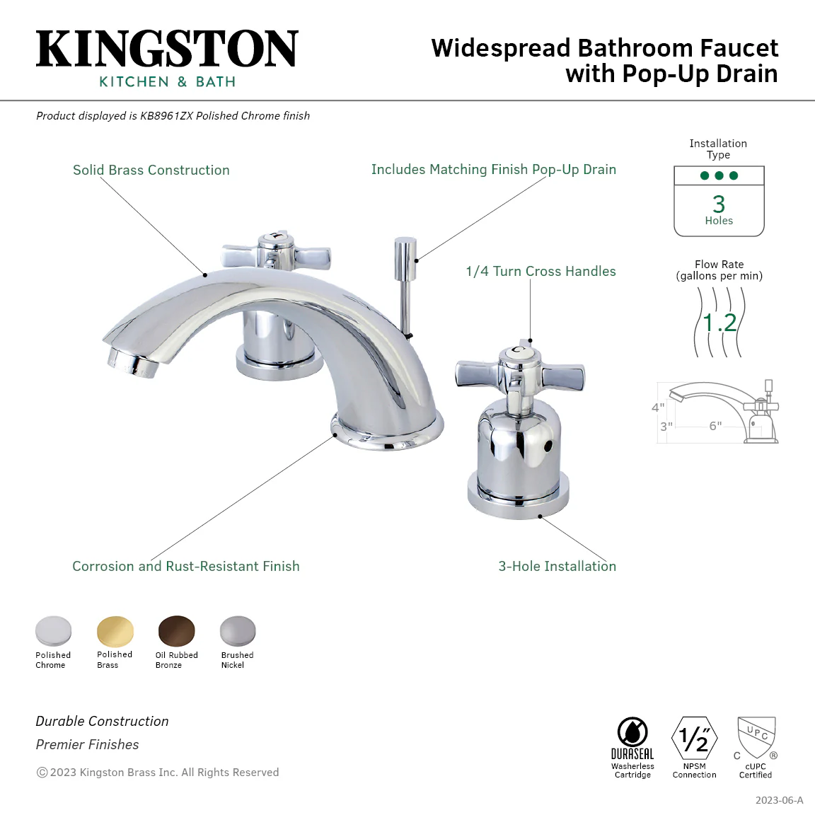 Kingston Tulare KB8968ZX - Millennium Two-Handle 3-Hole Deck Mount Widespread Bathroom Faucet with Pop-Up Drain, Brushed Nickel - Image 3