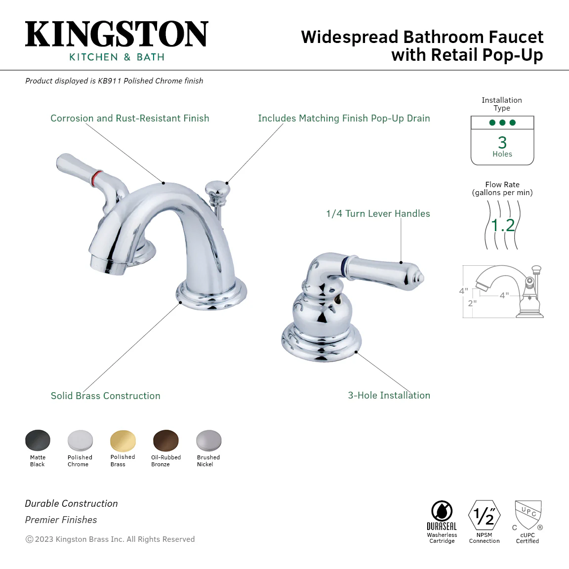 Kingston Tulare KB915 - Magellan Two-Handle 3-Hole Deck Mount Widespread Bathroom Faucet with Pop-Up Drain, Oil Rubbed Bronze - Image 3