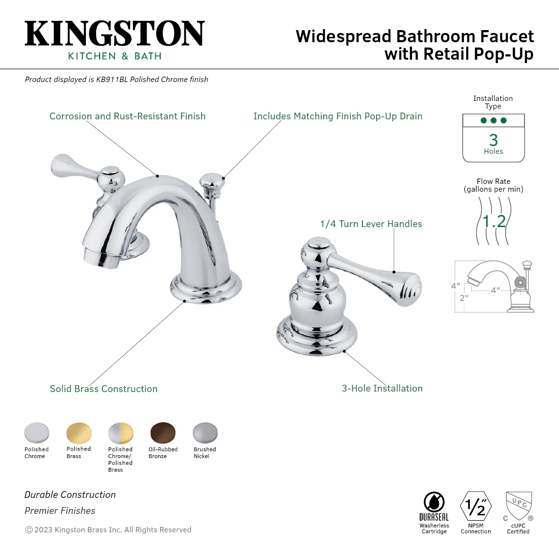 Kingston Tulare KB918BL - Vintage Two-Handle 3-Hole Deck Mount Widespread Bathroom Faucet with Pop-Up Drain, Brushed Nickel - Image 2