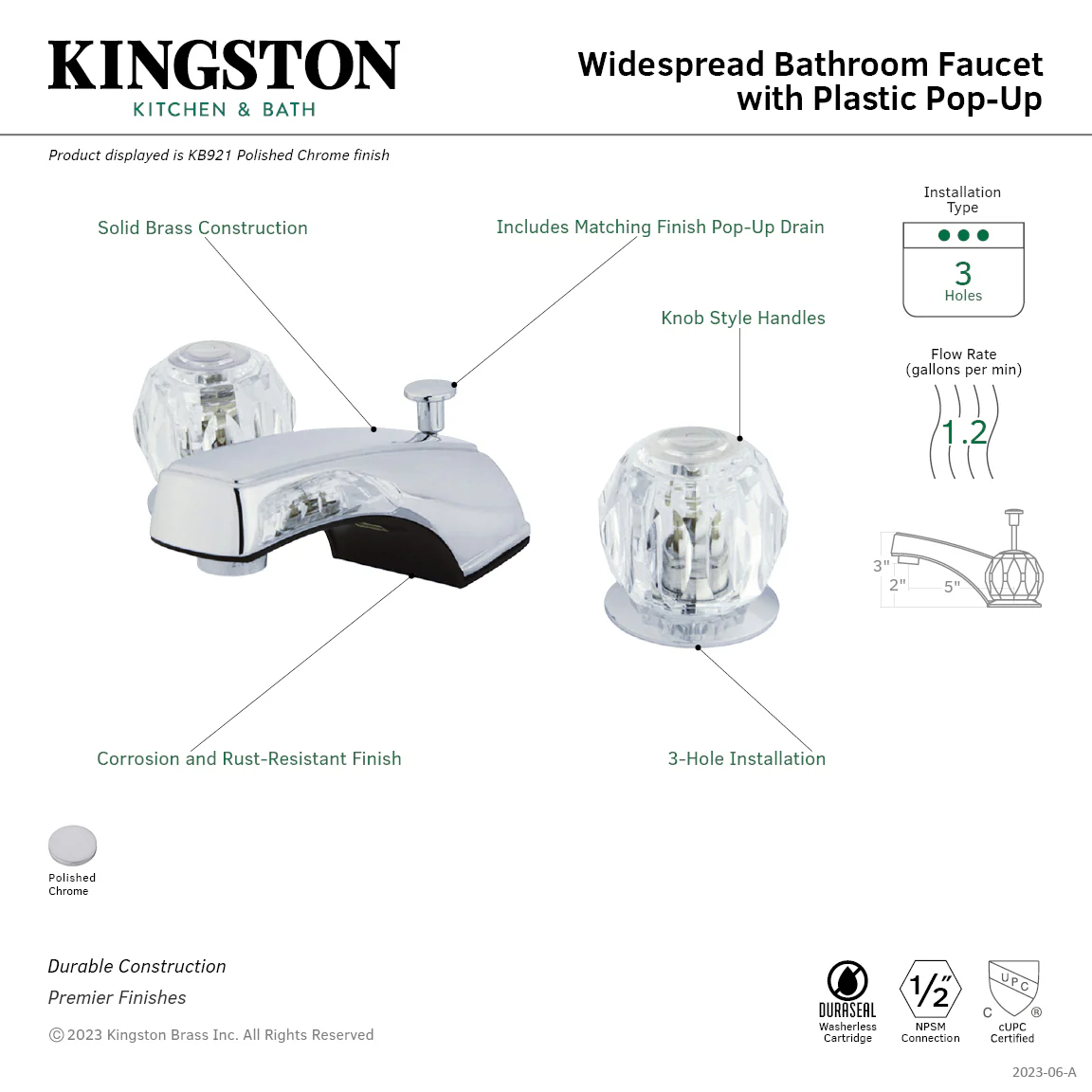 Kingston Tulare KB921 - Americana Two-Handle 3-Hole Deck Mount Widespread Bathroom Faucet with ABS Pop-Up Drain, Polished Chrome - Image 2