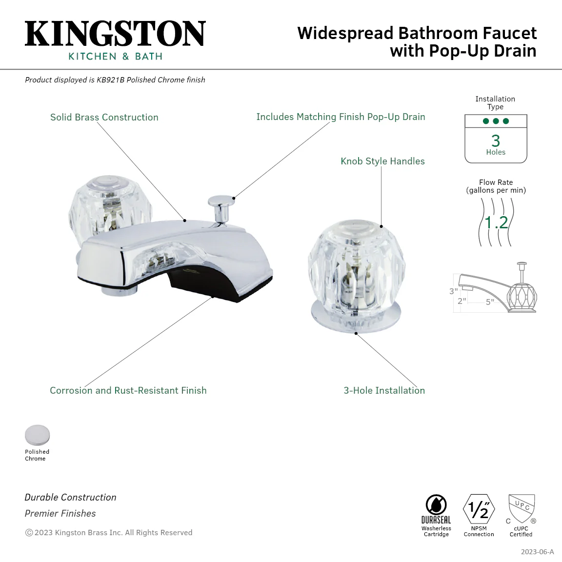 Kingston Tulare KB921B - Americana Two-Handle 3-Hole Deck Mount Widespread Bathroom Faucet with Pop-Up Drain, Polished Chrome - Image 3