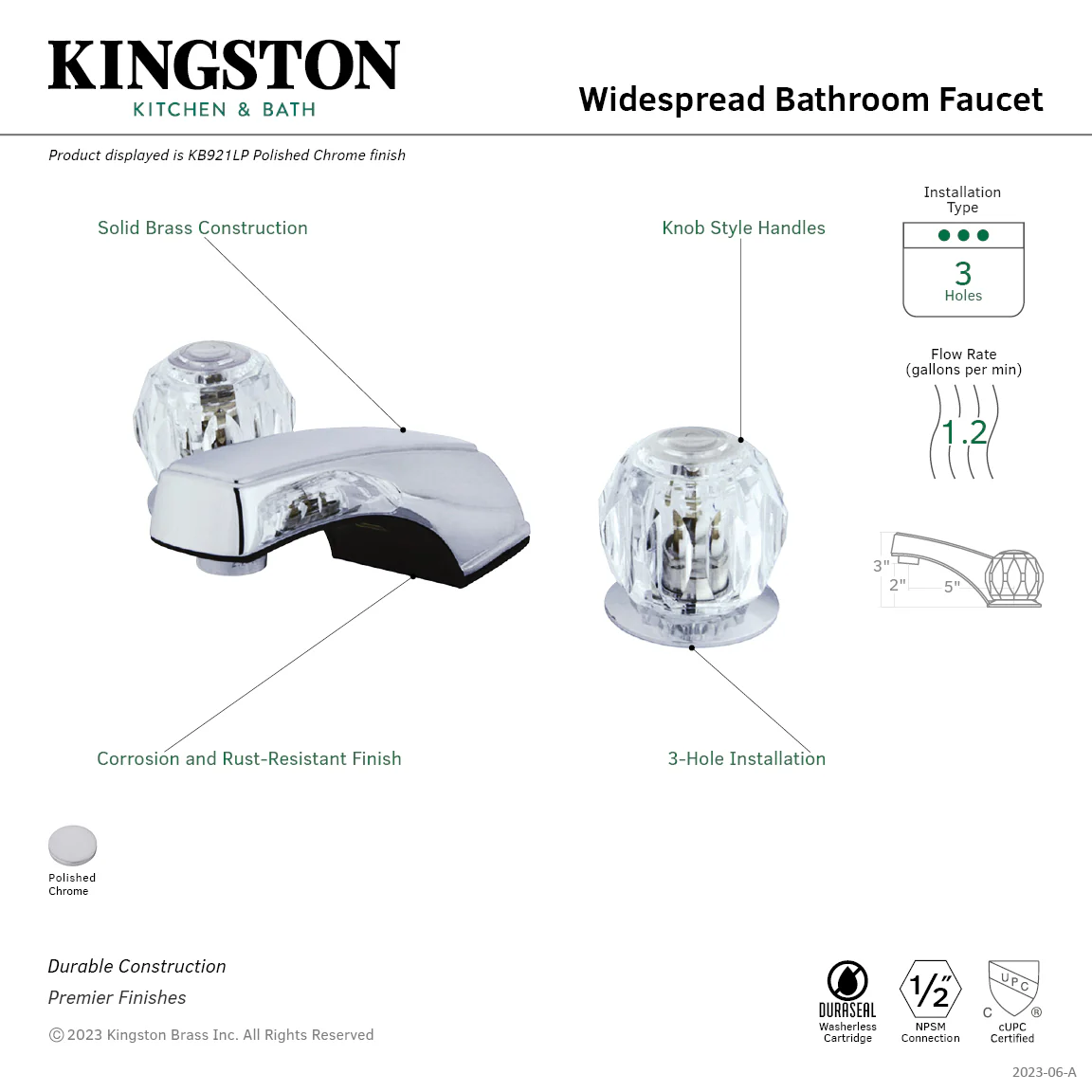 Kingston Tulare KB921LP - Americana Two-Handle 3-Hole Deck Mount Widespread Bathroom Faucet, Polished Chrome - Image 2