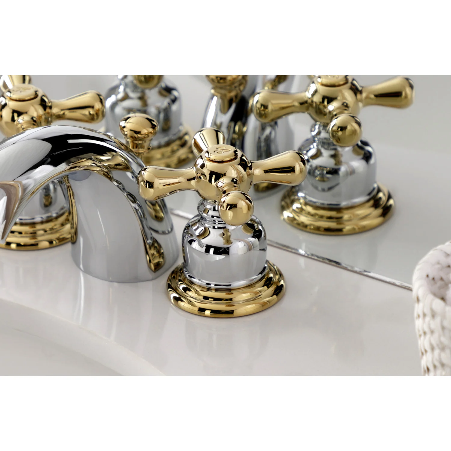 Kingston Heirloom KB944AX - Victorian Two-Handle 3-Hole Deck Mount Mini-Widespread Bathroom Faucet with Pop-Up Drain, Polished Chrome/Polished Brass - Image 2