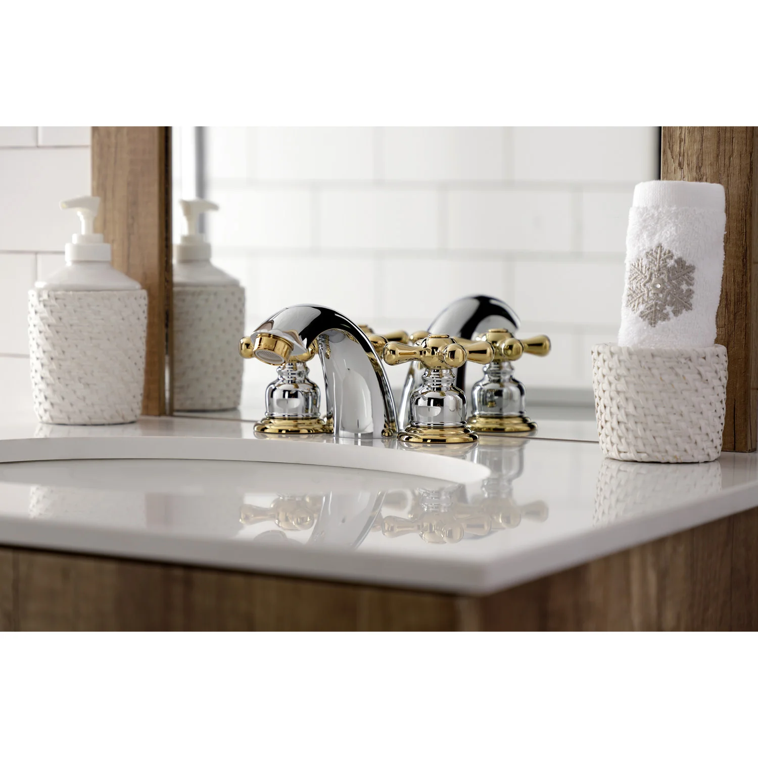 Kingston Heirloom KB944AX - Victorian Two-Handle 3-Hole Deck Mount Mini-Widespread Bathroom Faucet with Pop-Up Drain, Polished Chrome/Polished Brass - Image 3