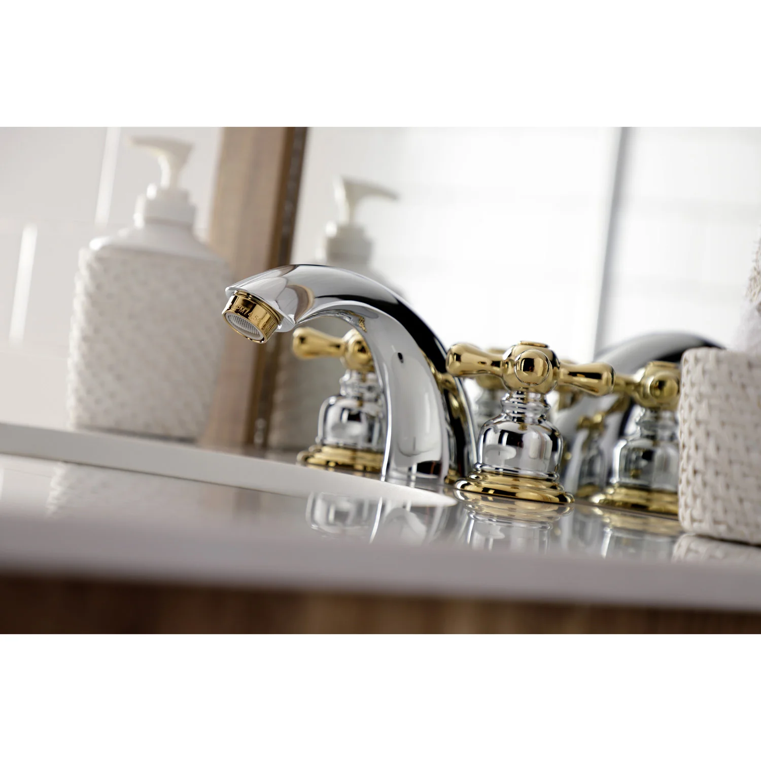 Kingston Heirloom KB944AX - Victorian Two-Handle 3-Hole Deck Mount Mini-Widespread Bathroom Faucet with Pop-Up Drain, Polished Chrome/Polished Brass - Image 4