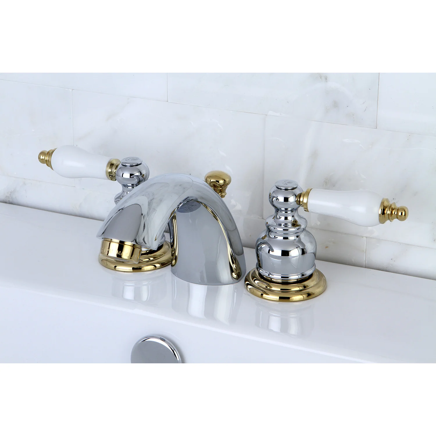 Kingston Heirloom KB944B - Victorian Two-Handle 3-Hole Deck Mount Mini-Widespread Bathroom Faucet with Pop-Up Drain, Polished Chrome/Polished Brass - Image 2