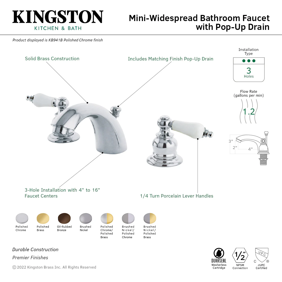 Kingston Heirloom KB944B - Victorian Two-Handle 3-Hole Deck Mount Mini-Widespread Bathroom Faucet with Pop-Up Drain, Polished Chrome/Polished Brass - Image 3
