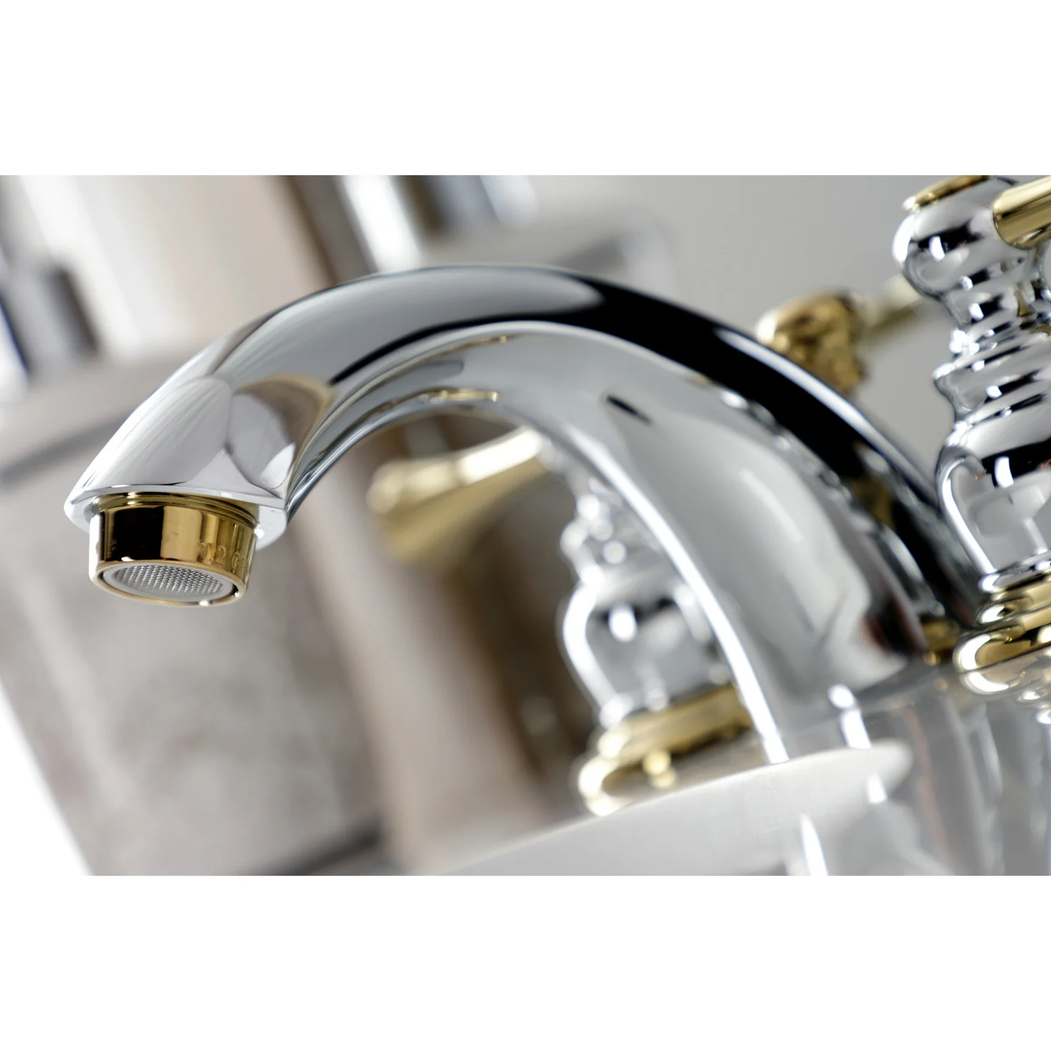 Kingston Tulare KB944BL - Vintage Two-Handle 3-Hole Deck Mount Mini-Widespread Bathroom Faucet with Pop-Up Drain, Polished Chrome/Polished Brass - Image 3