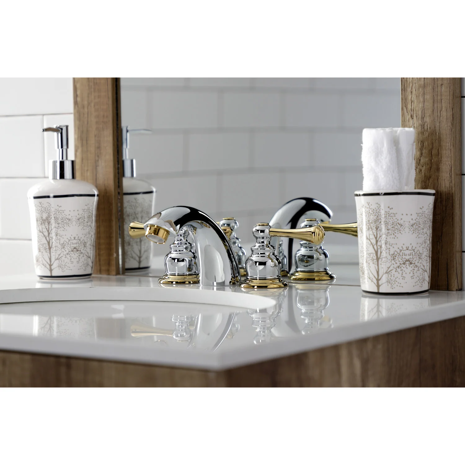 Kingston Tulare KB944BL - Vintage Two-Handle 3-Hole Deck Mount Mini-Widespread Bathroom Faucet with Pop-Up Drain, Polished Chrome/Polished Brass - Image 4