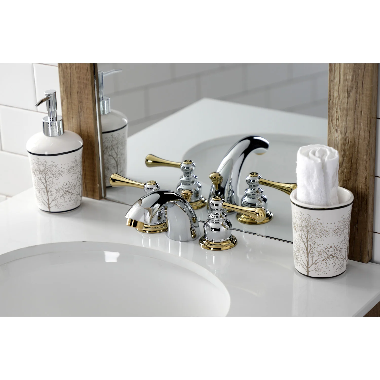Kingston Tulare KB944BL - Vintage Two-Handle 3-Hole Deck Mount Mini-Widespread Bathroom Faucet with Pop-Up Drain, Polished Chrome/Polished Brass - Image 5