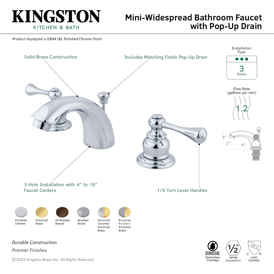 Kingston Tulare KB944BL - Vintage Two-Handle 3-Hole Deck Mount Mini-Widespread Bathroom Faucet with Pop-Up Drain, Polished Chrome/Polished Brass - Image 6