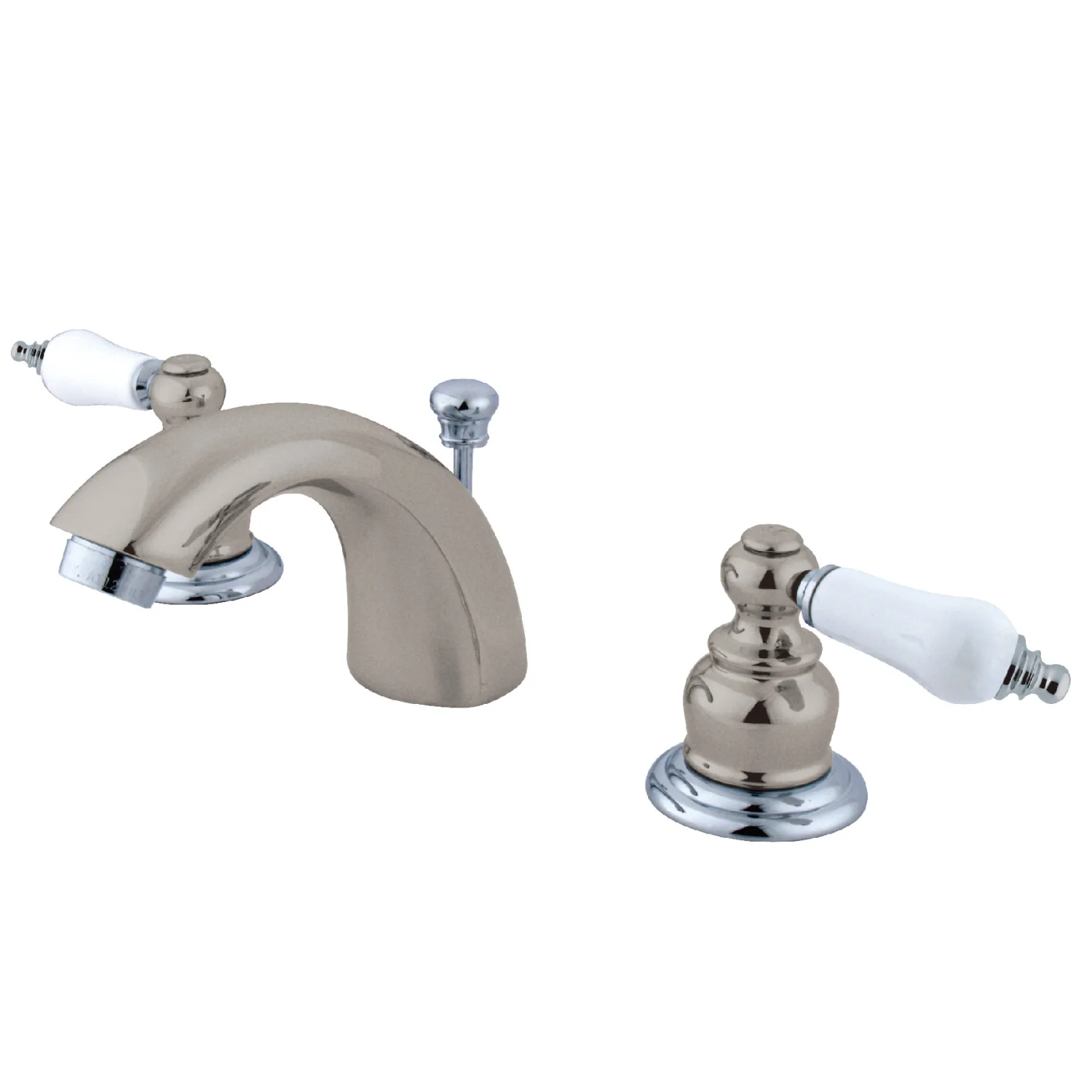 Kingston Heirloom KB947B - Victorian Two-Handle 3-Hole Deck Mount Mini-Widespread Bathroom Faucet with Pop-Up Drain, Brushed Nickel/Polished Chrome