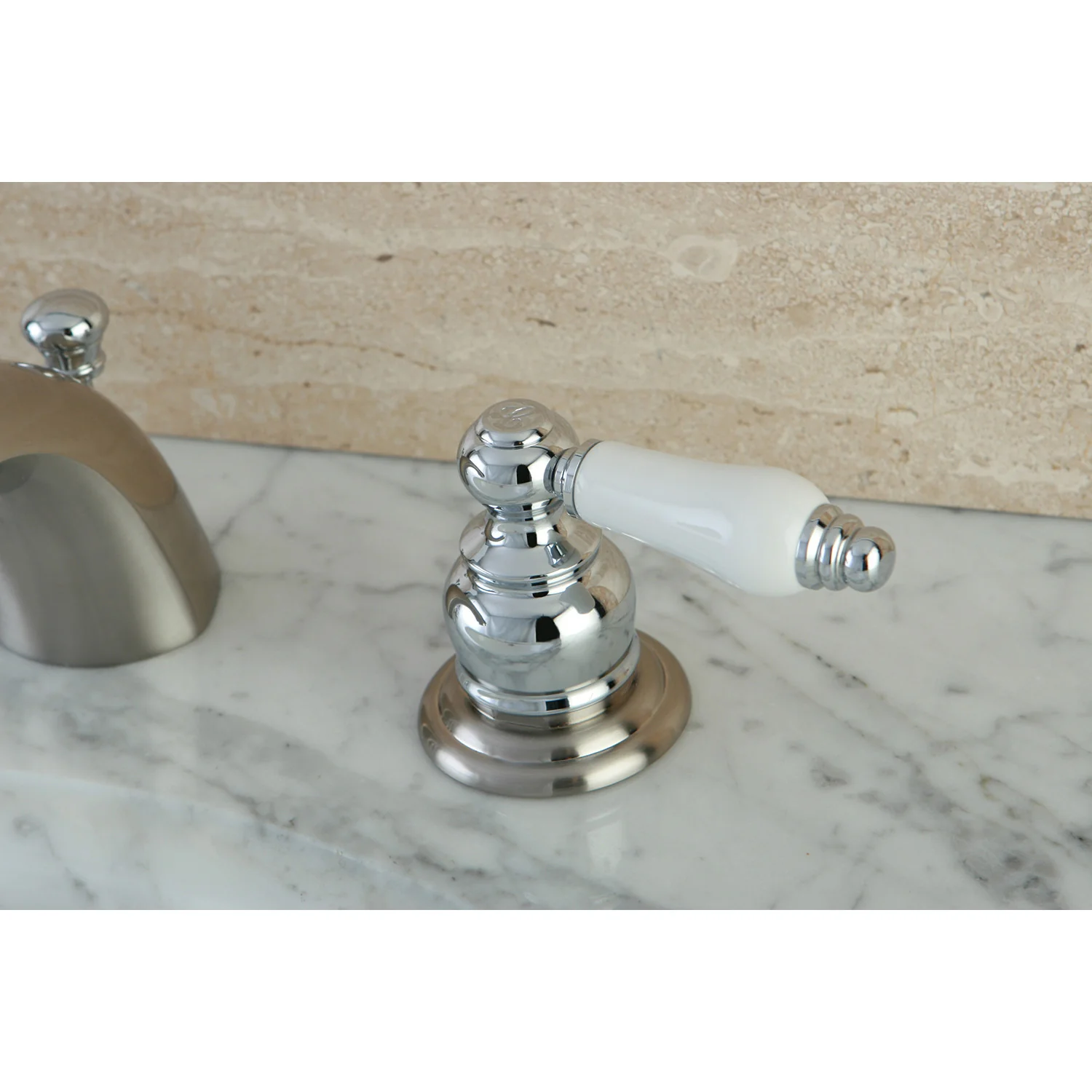 Kingston Heirloom KB947B - Victorian Two-Handle 3-Hole Deck Mount Mini-Widespread Bathroom Faucet with Pop-Up Drain, Brushed Nickel/Polished Chrome - Image 2