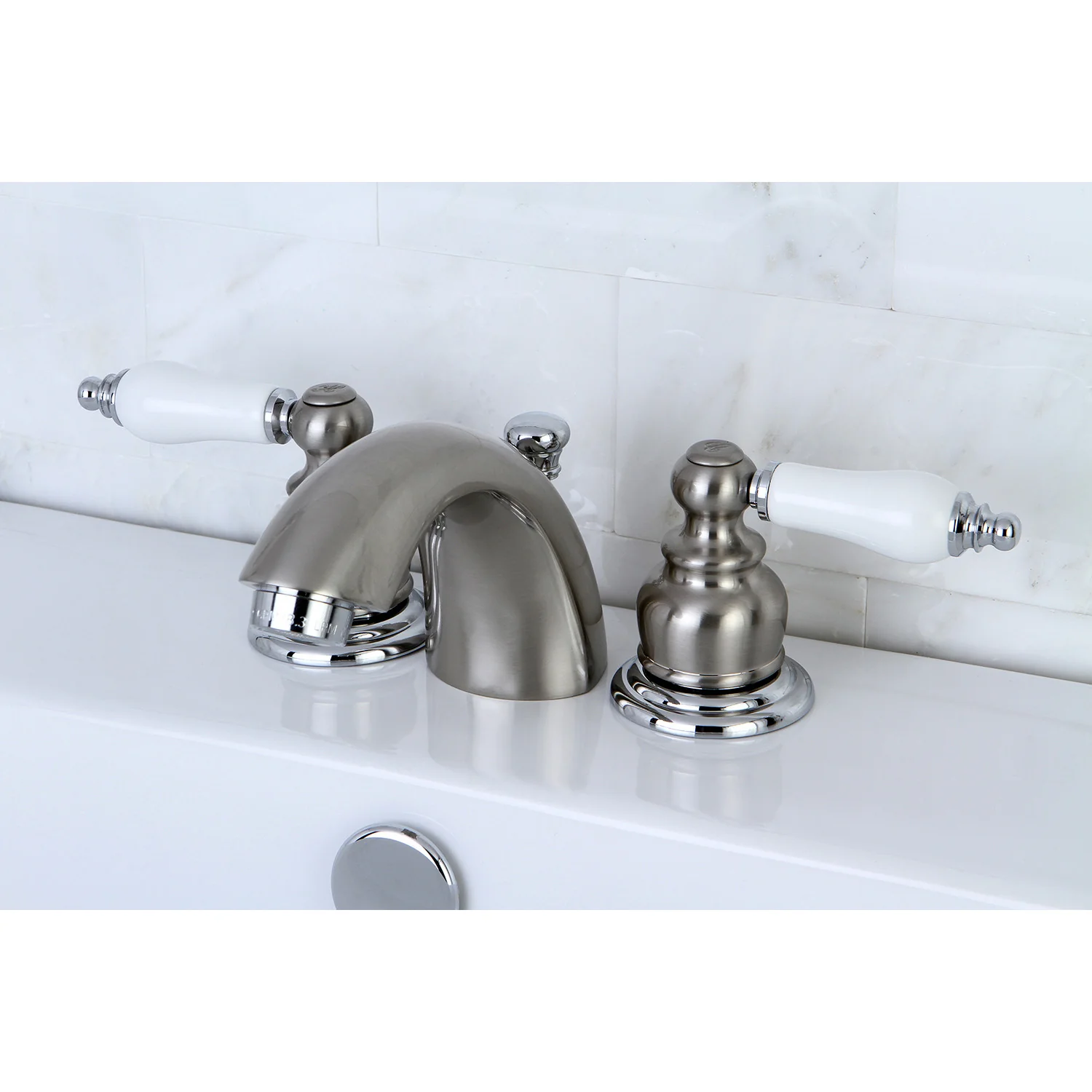 Kingston Heirloom KB947B - Victorian Two-Handle 3-Hole Deck Mount Mini-Widespread Bathroom Faucet with Pop-Up Drain, Brushed Nickel/Polished Chrome - Image 3
