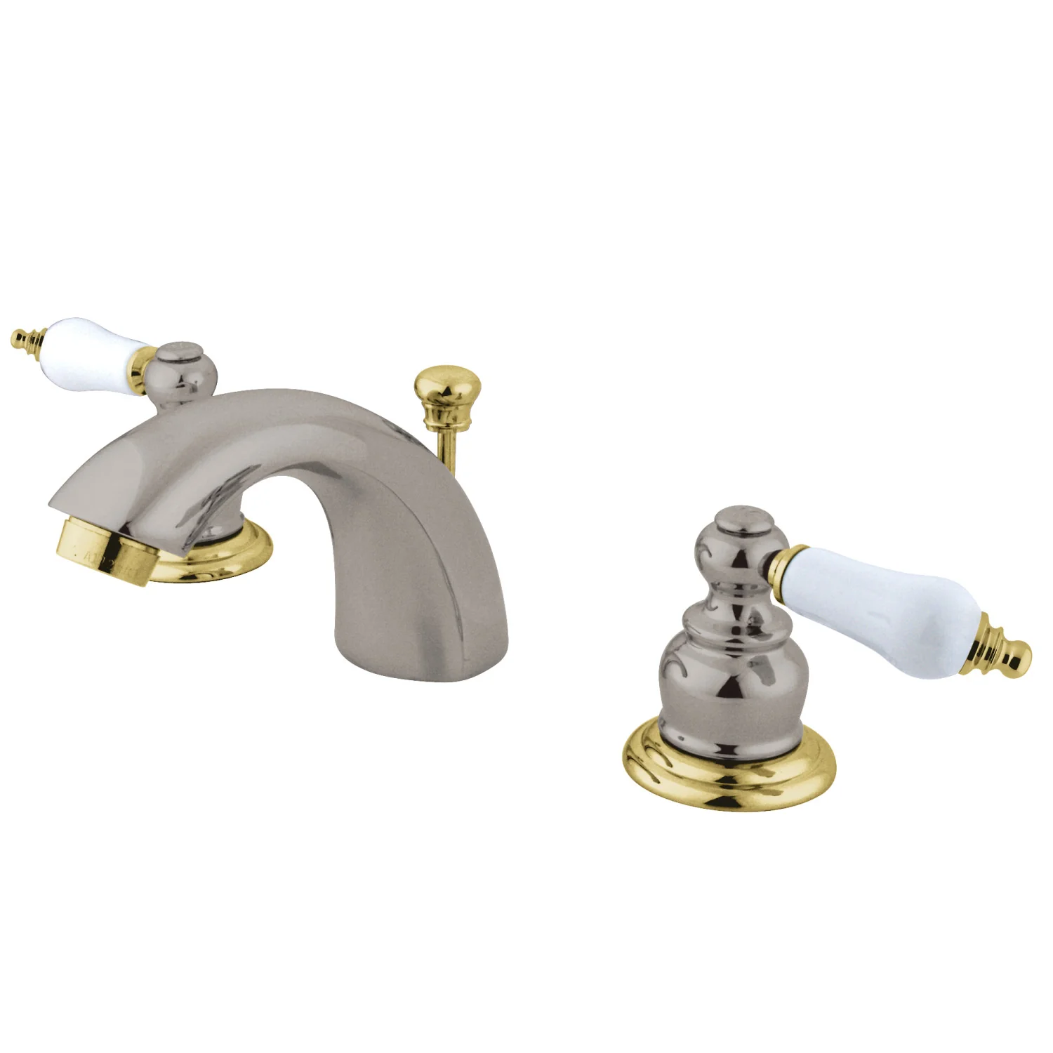 Kingston Heirloom KB949B - Victorian Two-Handle 3-Hole Deck Mount Mini-Widespread Bathroom Faucet with Pop-Up Drain, Brushed Nickel/Polished Brass