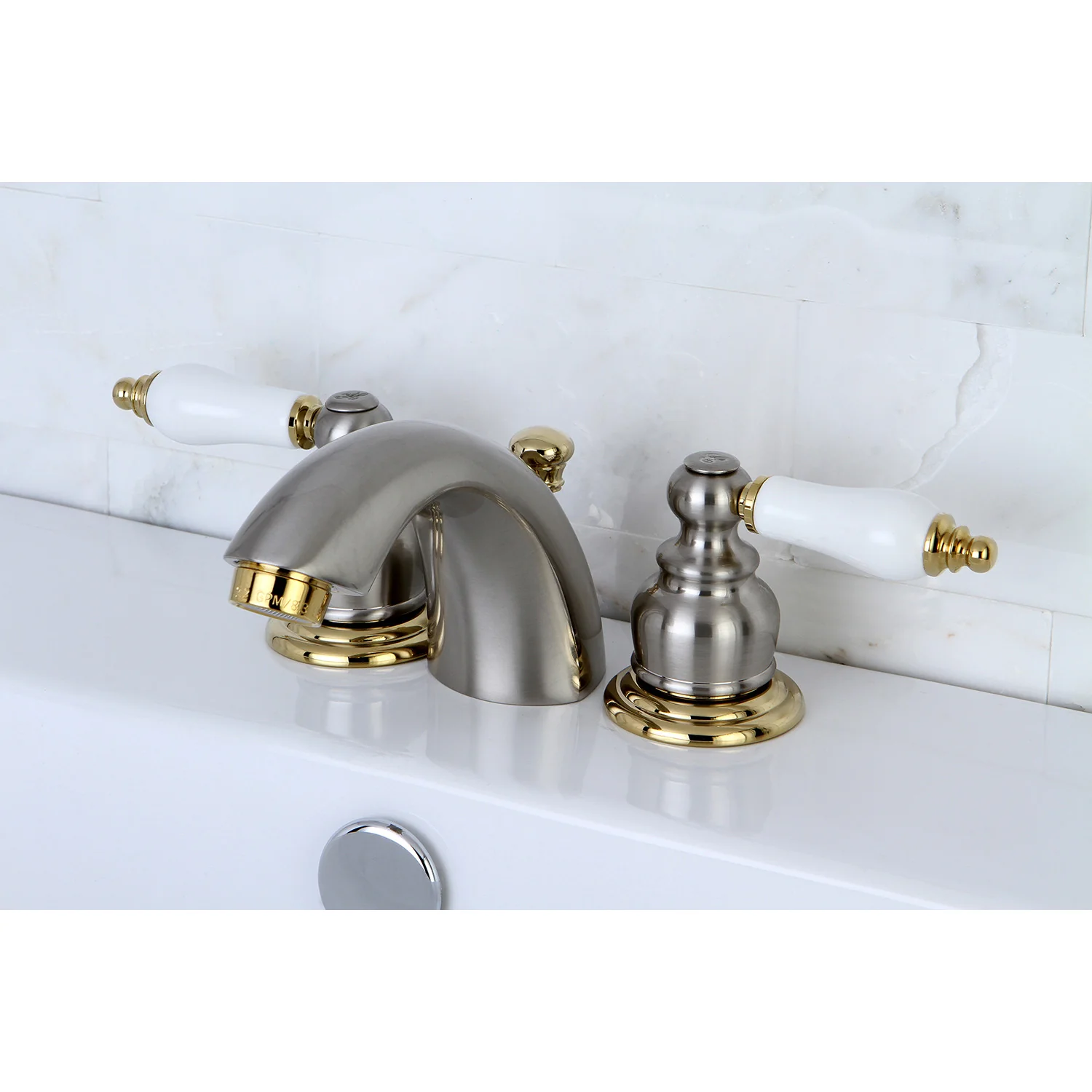 Kingston Heirloom KB949B - Victorian Two-Handle 3-Hole Deck Mount Mini-Widespread Bathroom Faucet with Pop-Up Drain, Brushed Nickel/Polished Brass - Image 2