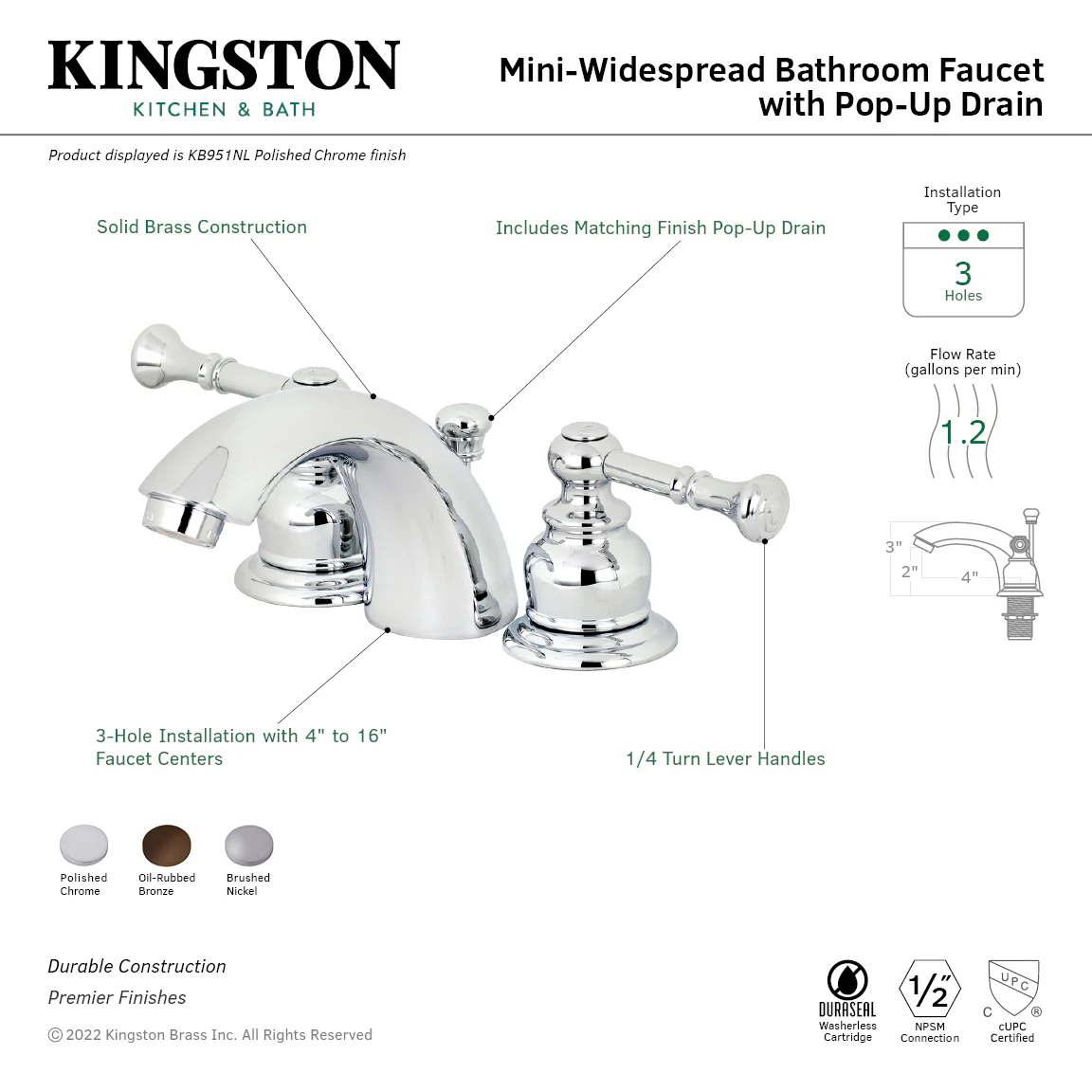 Kingston Tulare KB951NL - Naples Two-Handle 3-Hole Deck Mount Mini-Widespread Bathroom Faucet with Pop-Up Drain, Polished Chrome - Image 2