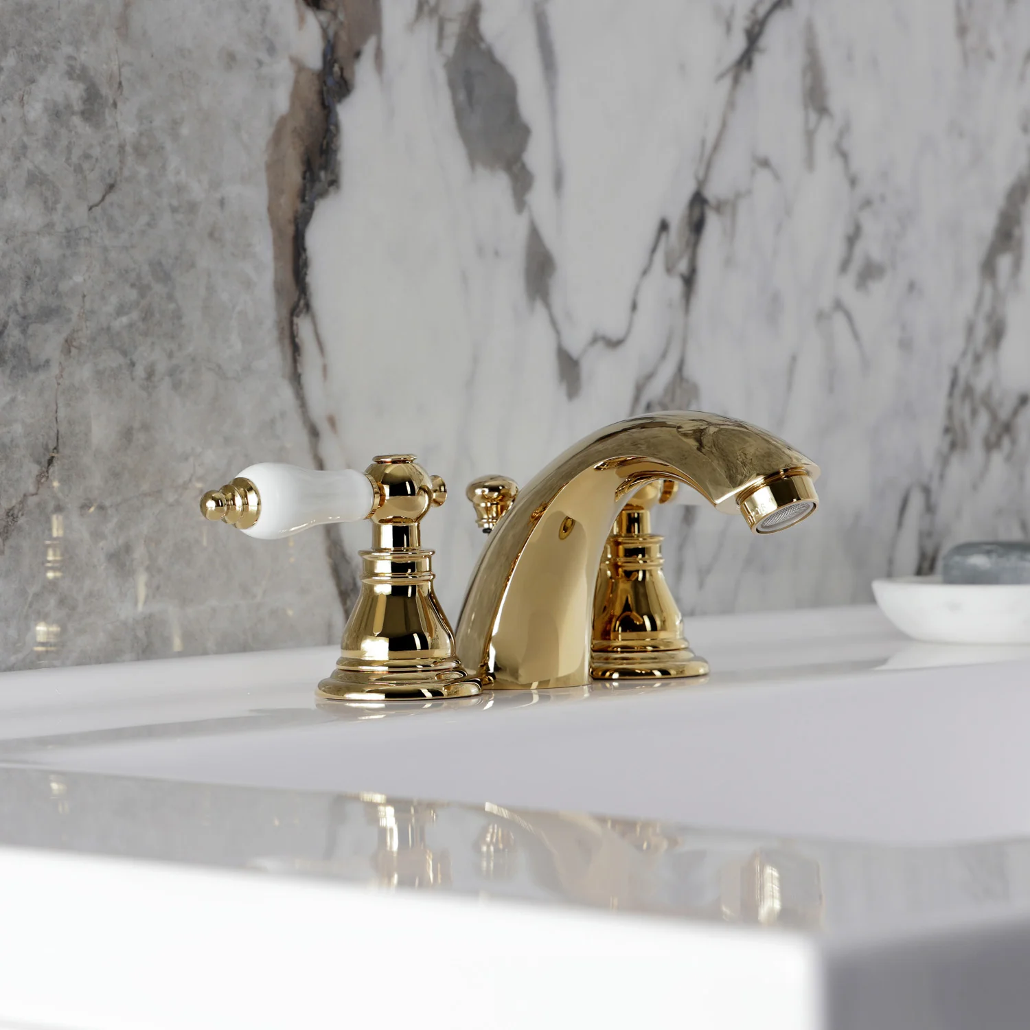 Kingston Tulare KB952APL - American Patriot Two-Handle 3-Hole Deck Mount Mini-Widespread Bathroom Faucet with Pop-Up Drain, Polished Brass - Image 5