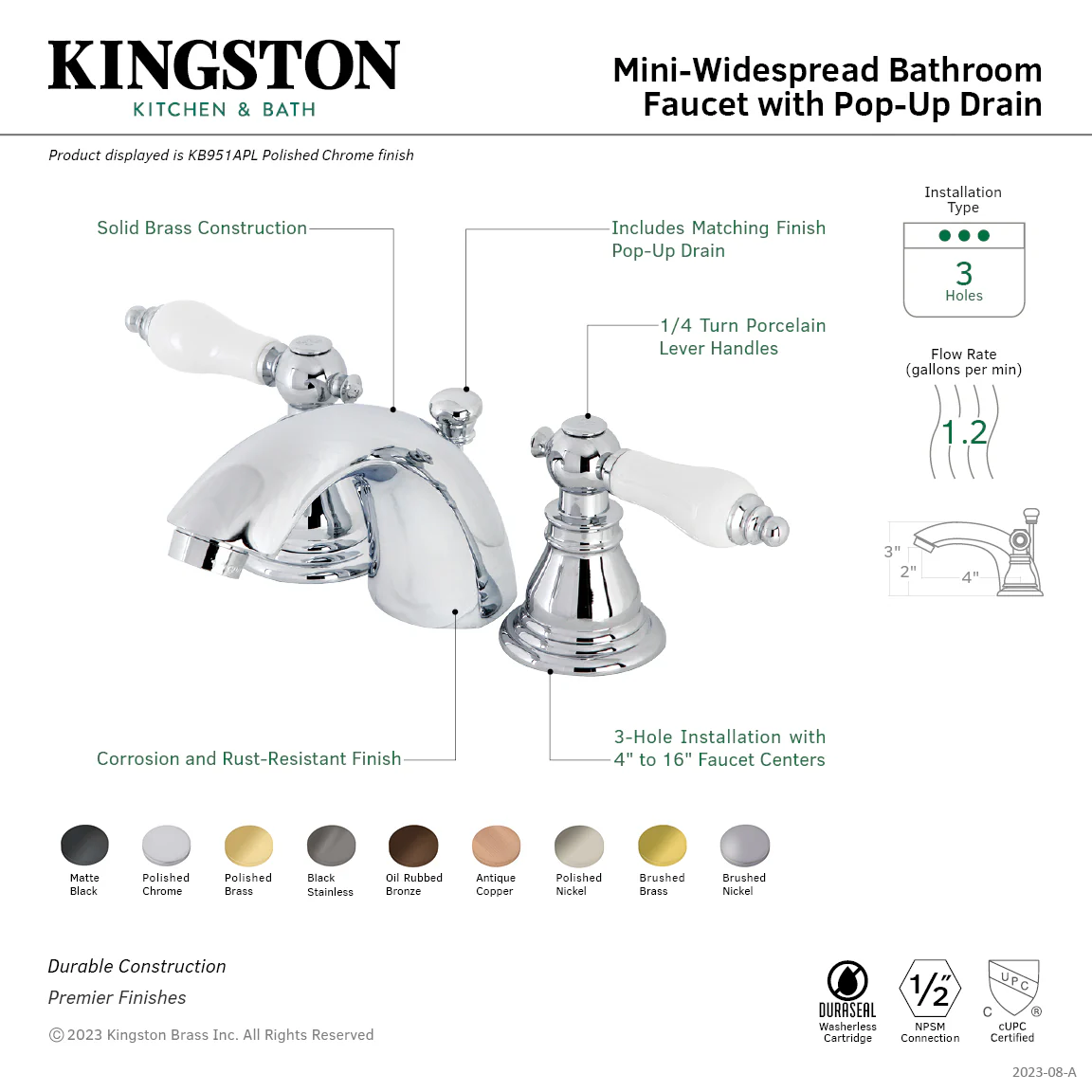 Kingston Tulare KB953APL - American Patriot Two-Handle 3-Hole Deck Mount Mini-Widespread Bathroom Faucet with Pop-Up Drain, Black Stainless - Image 8