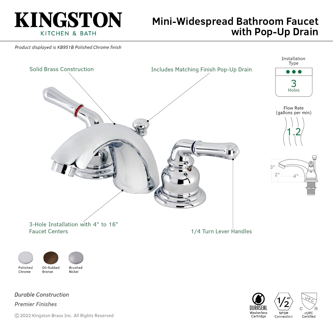 Kingston Tulare KB955B - Victorian Two-Handle 3-Hole Deck Mount Mini-Widespread Bathroom Faucet with Brass Pop-Up, Oil Rubbed Bronze - Image 6