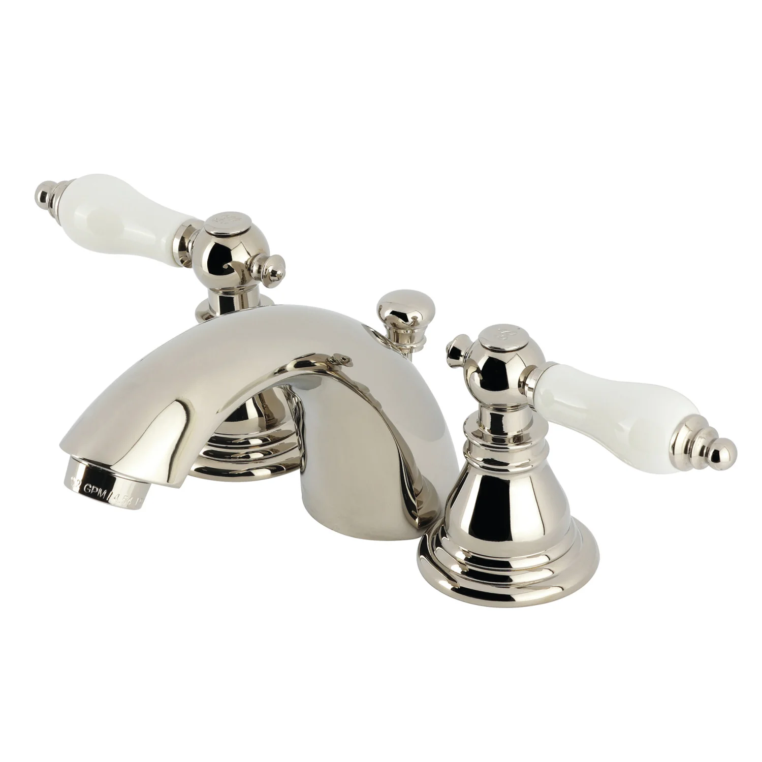 Kingston Tulare KB956APLPN - American Patriot Two-Handle 3-Hole Deck Mount Mini-Widespread Bathroom Faucet with Pop-Up Drain, Polished Nickel