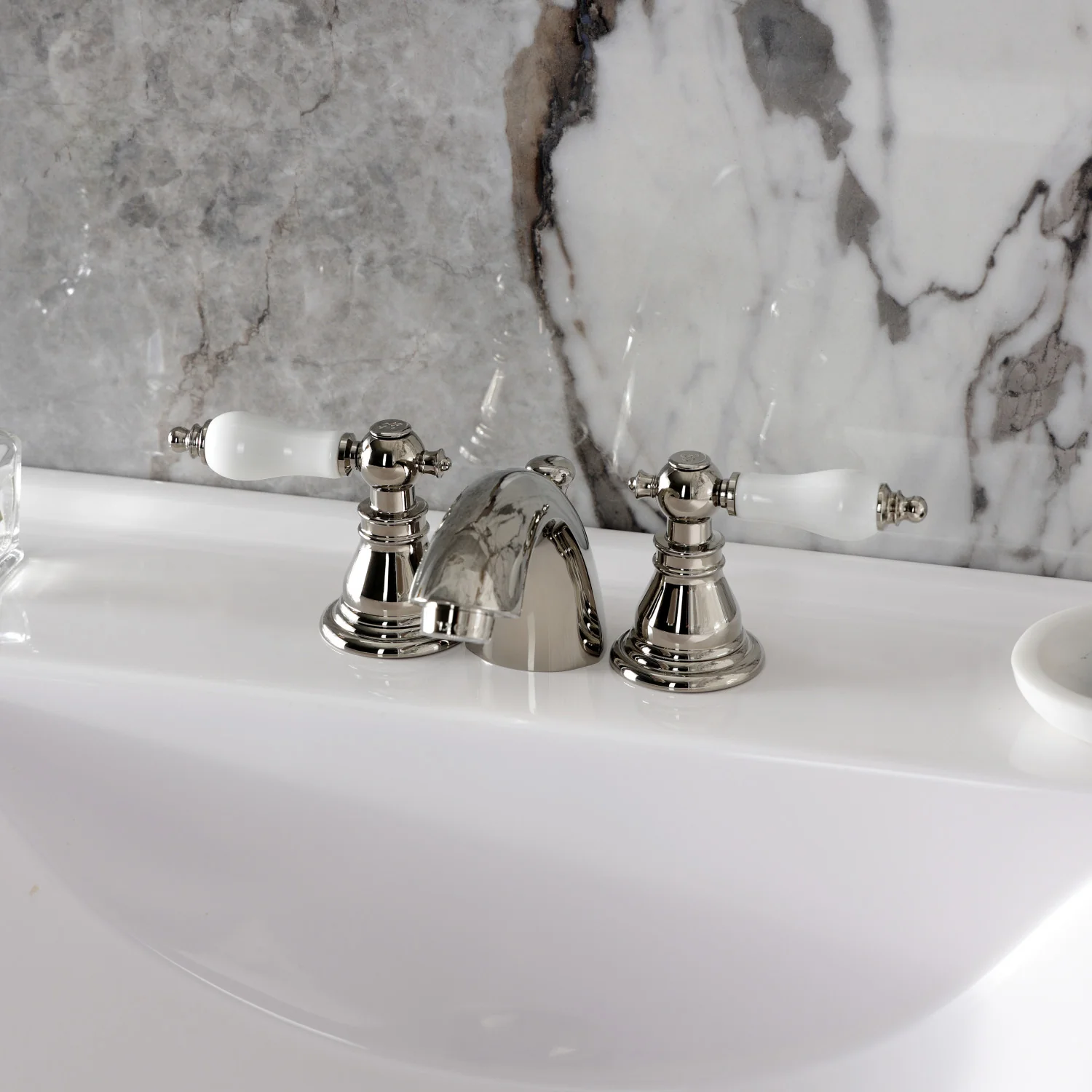 Kingston Tulare KB956APLPN - American Patriot Two-Handle 3-Hole Deck Mount Mini-Widespread Bathroom Faucet with Pop-Up Drain, Polished Nickel - Image 2