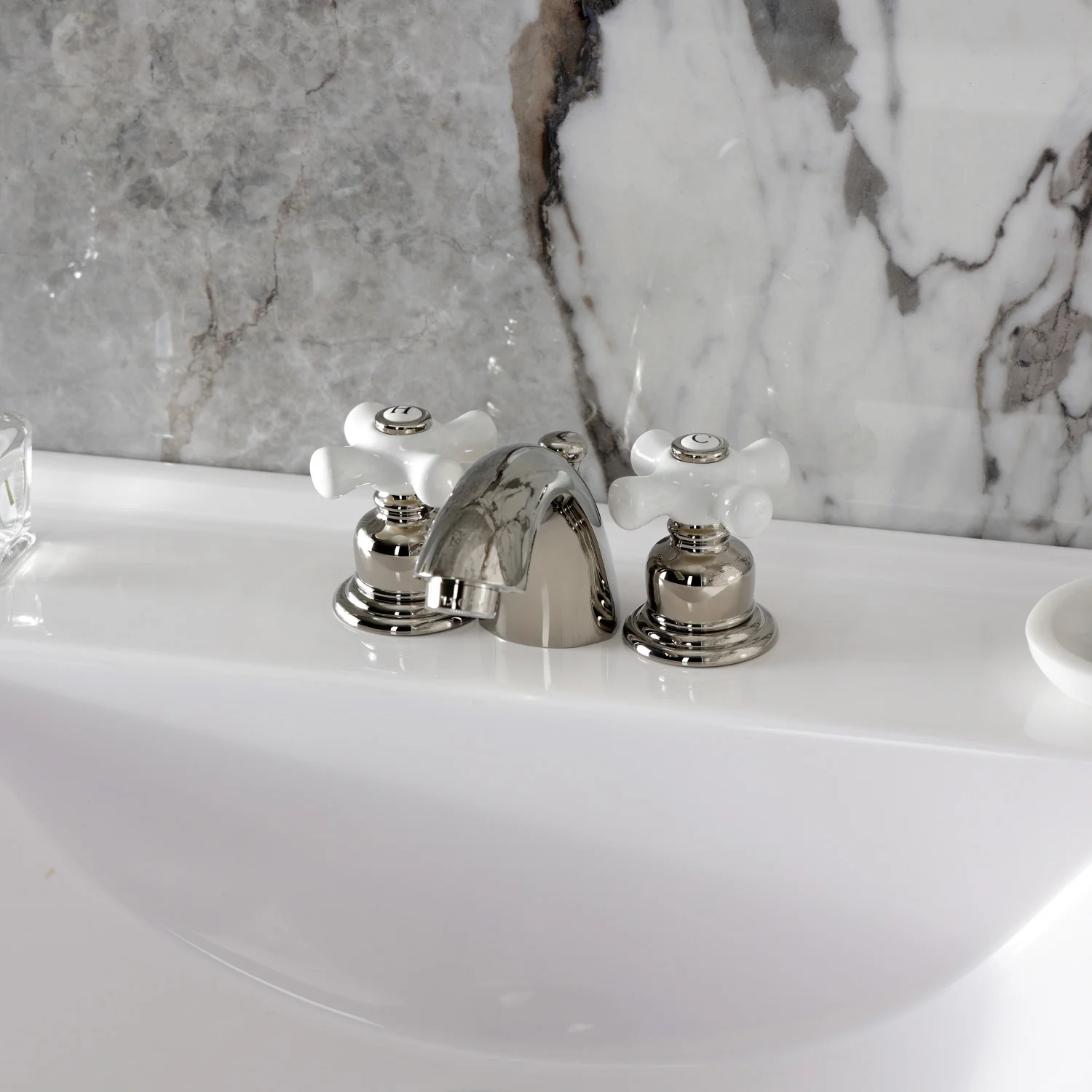 Kingston Heirloom KB956PXPN - Victorian Two-Handle 3-Hole Deck Mount Mini-Widespread Bathroom Faucet with Pop-Up Drain, Polished Nickel - Image 2
