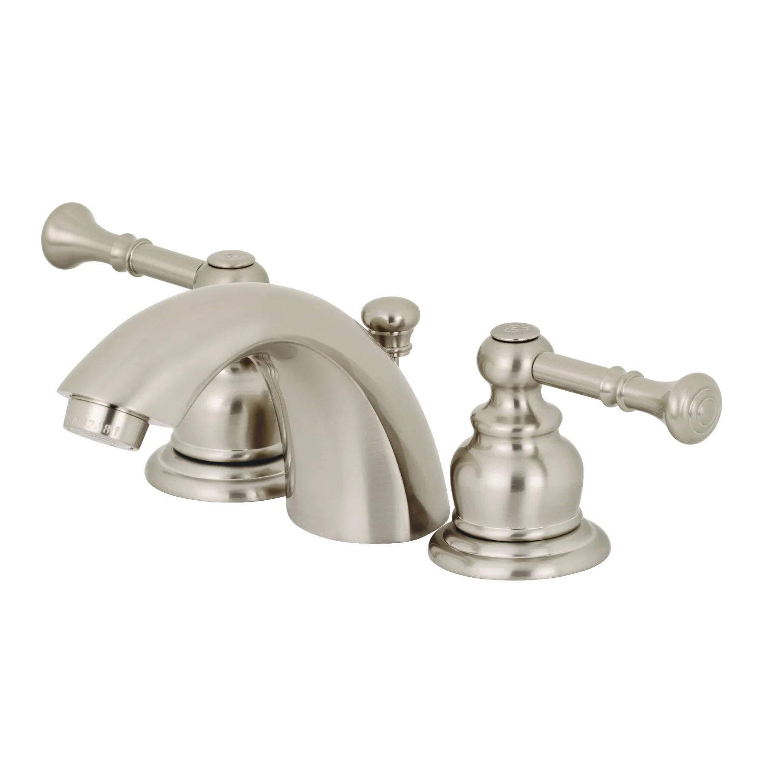 Kingston Tulare KB958NL - Naples Two-Handle 3-Hole Deck Mount Mini-Widespread Bathroom Faucet with Pop-Up Drain, Brushed Nickel