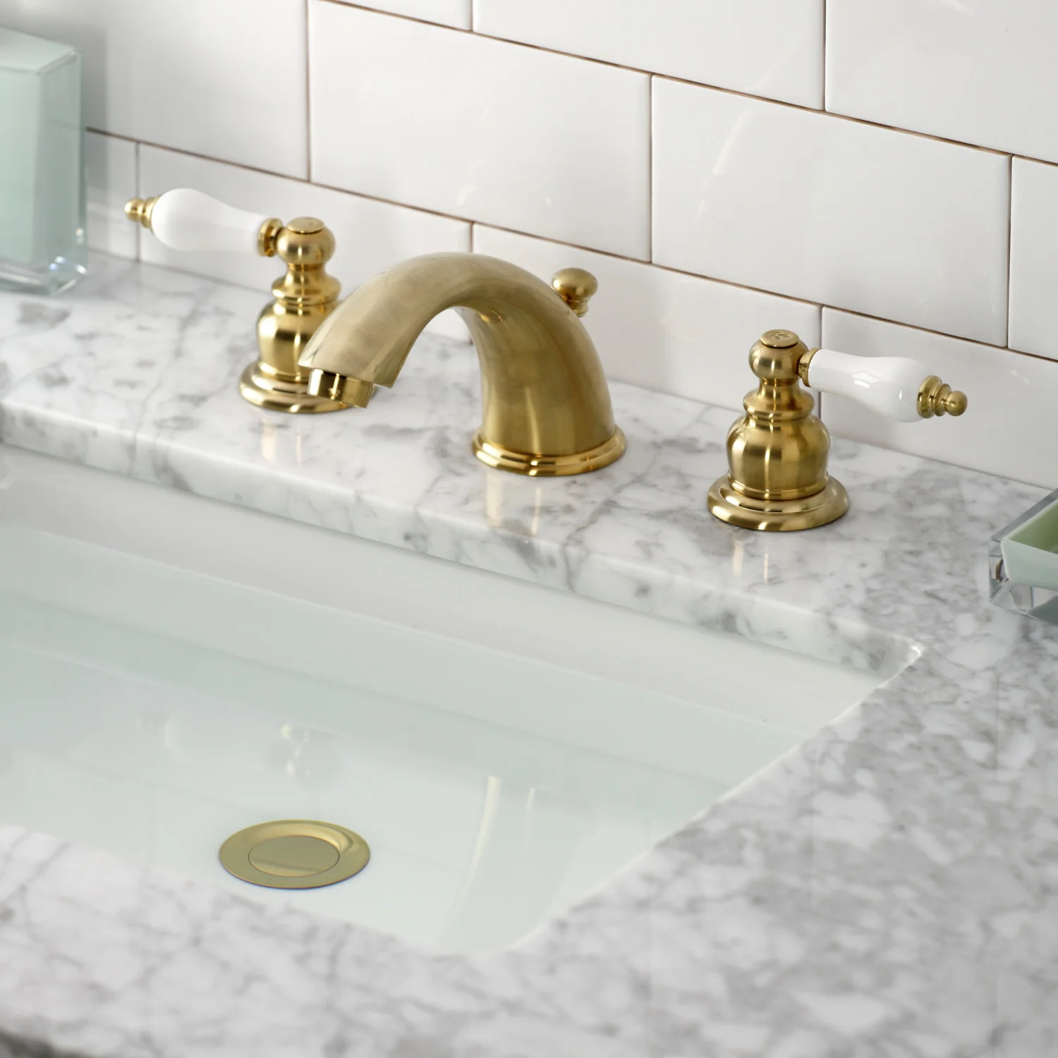 Kingston Heirloom KB977B - Victorian Two-Handle 3-Hole Deck Mount Widespread Bathroom Faucet with Pop-Up Drain, Brushed Brass - Image 2