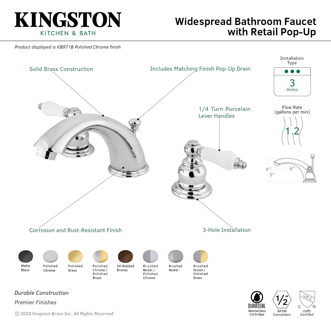 Kingston Heirloom KB977B - Victorian Two-Handle 3-Hole Deck Mount Widespread Bathroom Faucet with Pop-Up Drain, Brushed Brass - Image 6