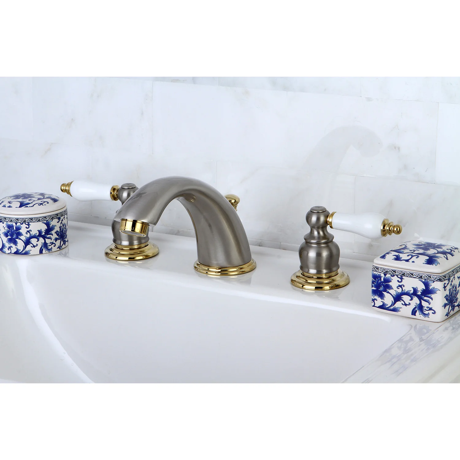 Kingston Heirloom KB979B - Victorian Two-Handle 3-Hole Deck Mount Widespread Bathroom Faucet with Pop-Up Drain, Brushed Nickel/Polished Brass - Image 2