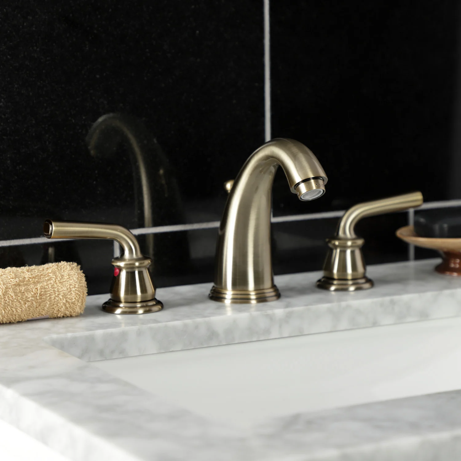 Kingston Tulare KB983RXLAB - Restoration Two-Handle 3-Hole Deck Mount Widespread Bathroom Faucet with Pop-Up Drain, Antique Brass - Image 3