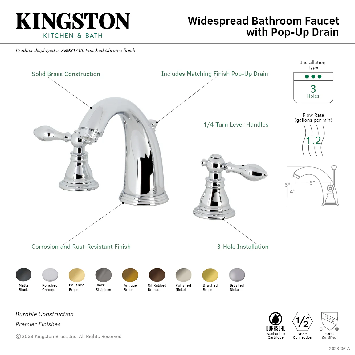 Kingston Tulare KB985ACL - American Classic Two-Handle 3-Hole Deck Mount Widespread Bathroom Faucet with Pop-Up Drain, Oil Rubbed Bronze - Image 6