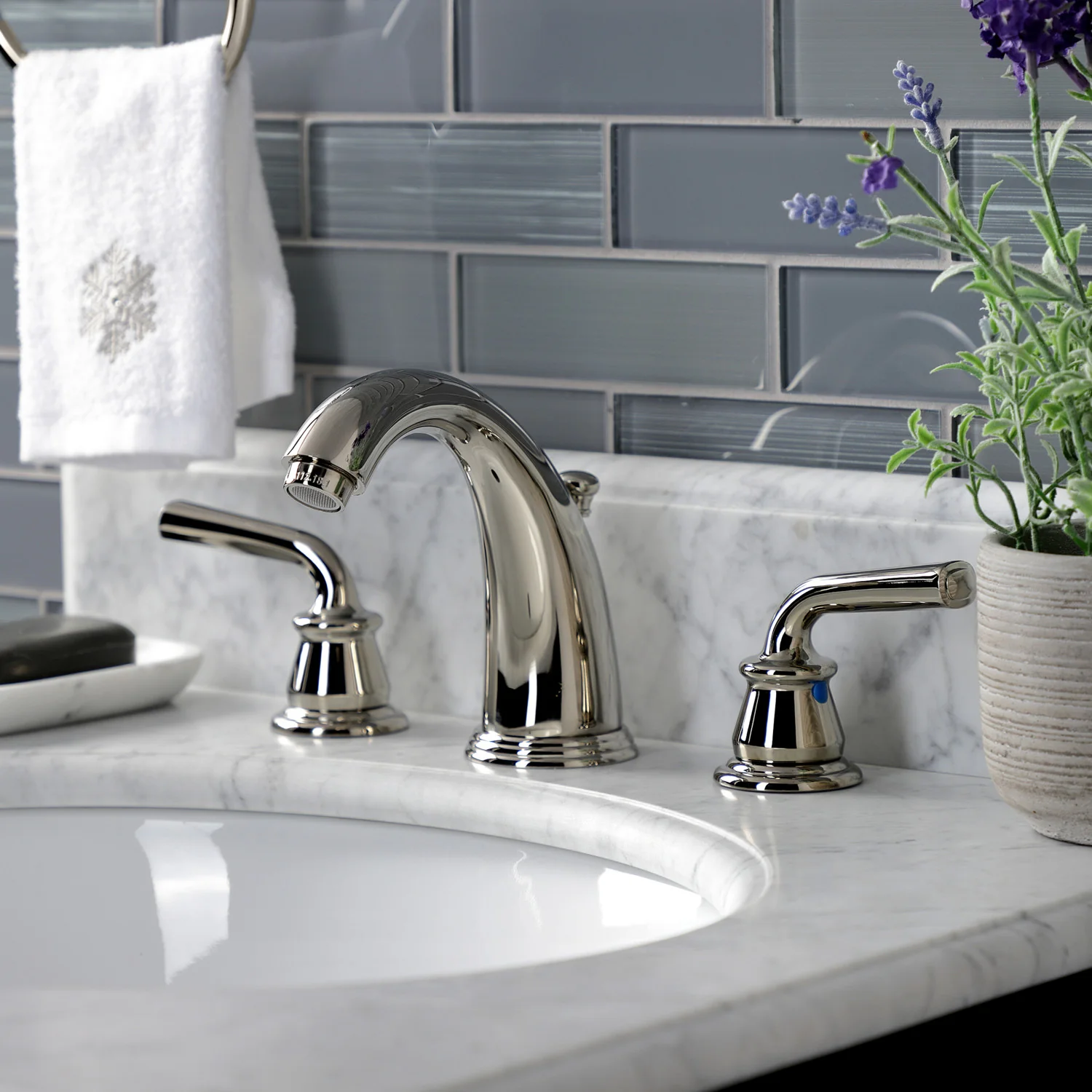 Kingston Tulare KB986RXLPN - Restoration Two-Handle 3-Hole Deck Mount Widespread Bathroom Faucet with Pop-Up Drain, Polished Nickel - Image 3