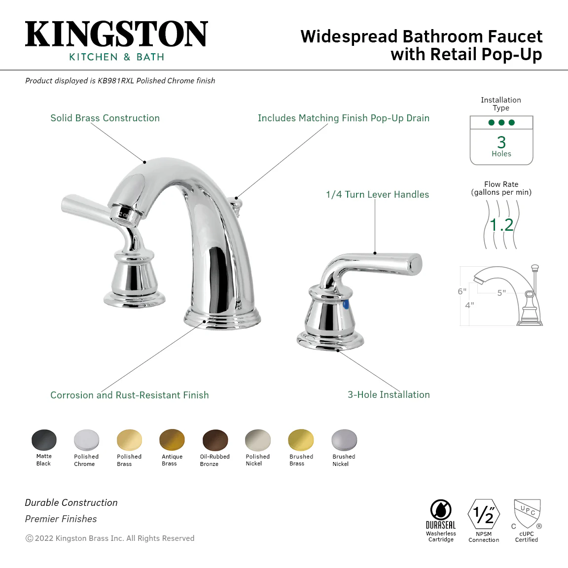 Kingston Tulare KB986RXLPN - Restoration Two-Handle 3-Hole Deck Mount Widespread Bathroom Faucet with Pop-Up Drain, Polished Nickel - Image 7