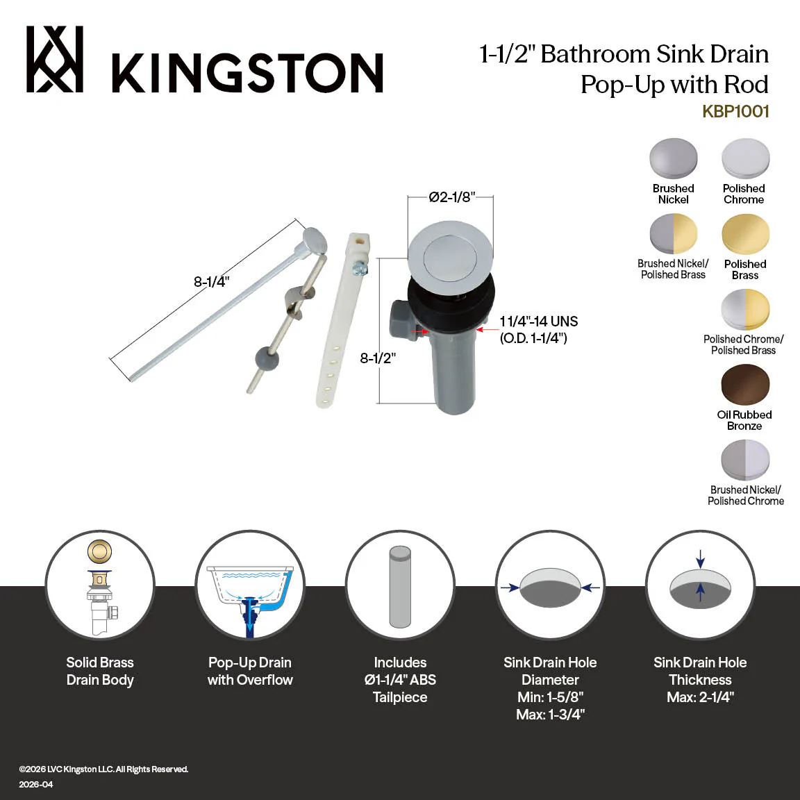 Kingston KBP1002 Plastic Pop-Up Bathroom Sink Drain with Overflow, Polished Brass - Image 2