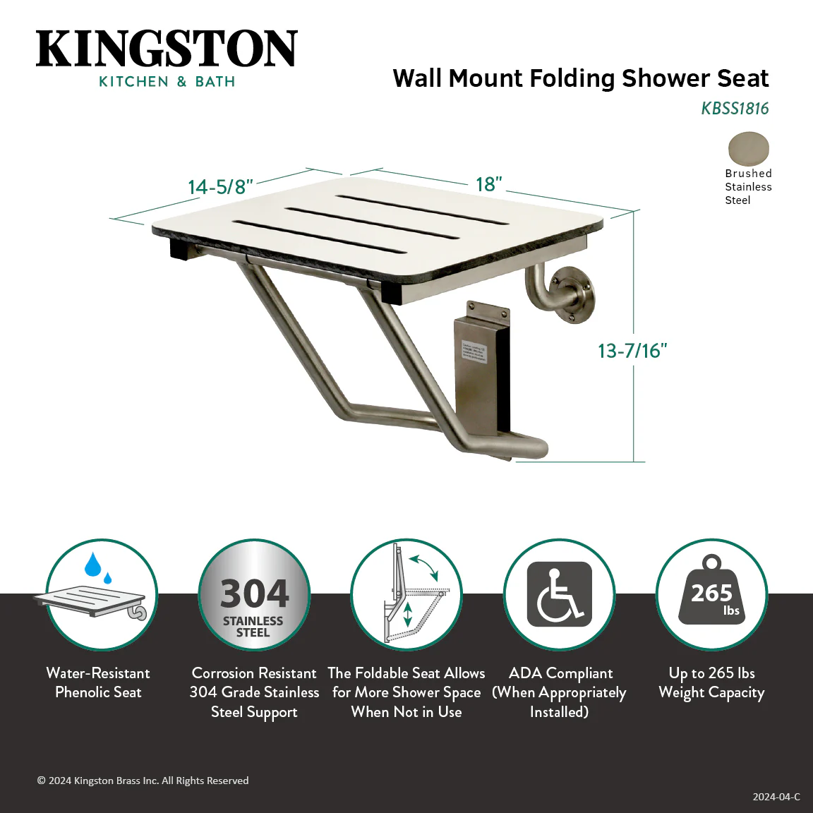 Kingston Tulare KBSS1816 - ADAscape 18-Inch x 16-Inch Wall Mount Fold Down Shower Seat, Brushed Stainless Steel - Image 3