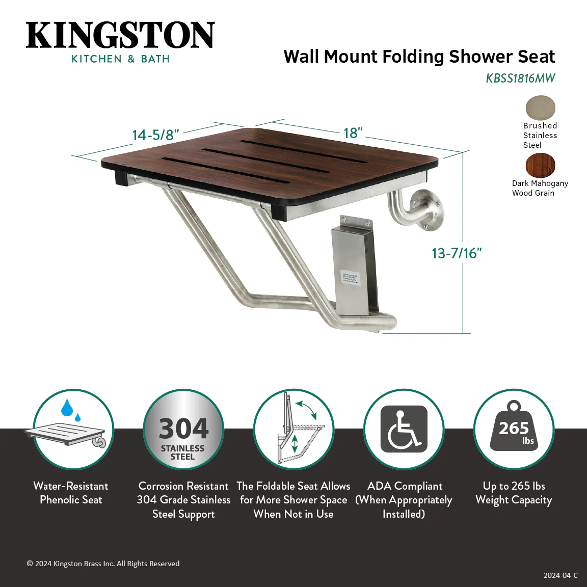 Kingston Tulare KBSS1816MW - ADAscape 18-Inch x 16-Inch Wall Mount Fold Down Shower Seat, Dark Mahogany Wood Grain/Stainless Steel - Image 2