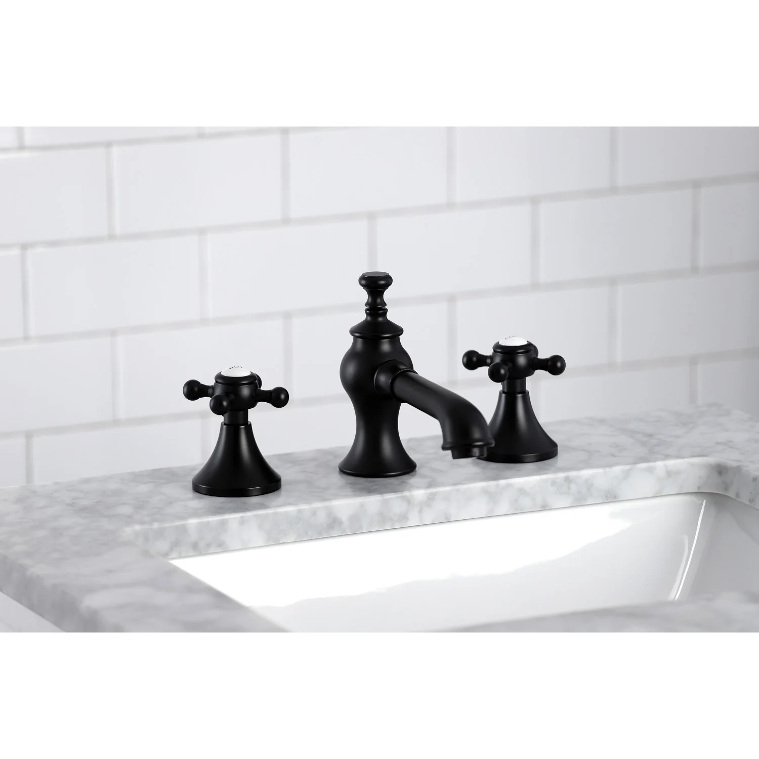 Kingston Tulare KC7060BX - English Country Two-Handle 3-Hole Deck Mount Widespread Bathroom Faucet with Brass Pop-Up, Matte Black - Image 2
