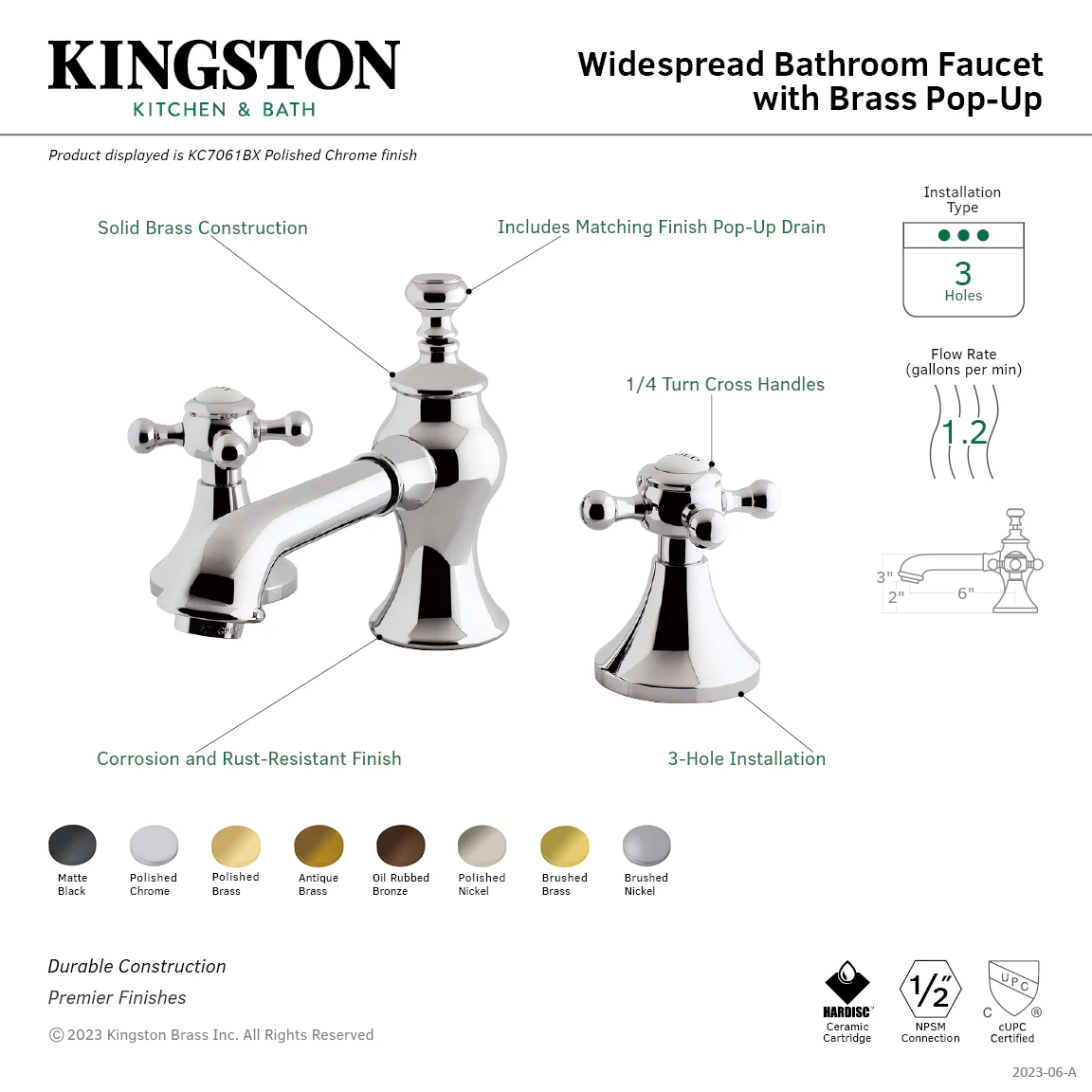 Kingston Tulare KC7062BX - English Country Two-Handle 3-Hole Deck Mount Widespread Bathroom Faucet with Brass Pop-Up, Polished Brass - Image 2