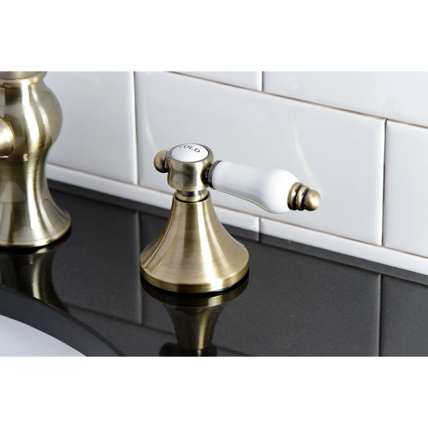 Kingston Tulare KC7063BPL - Bel-Air Two-Handle 3-Hole Deck Mount Widespread Bathroom Faucet with Brass Pop-Up, Antique Brass - Image 7