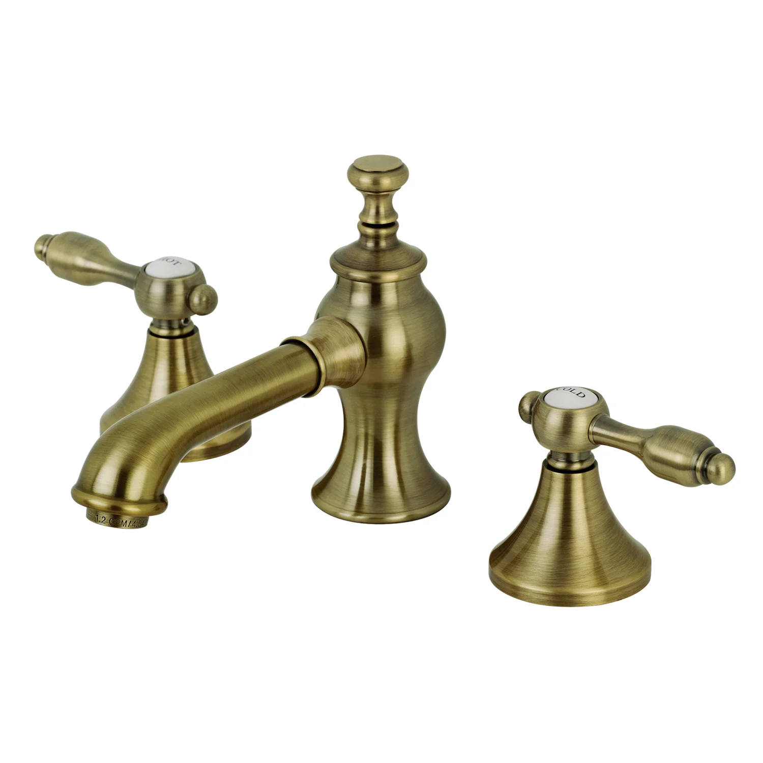 Kingston Tulare KC7063TAL - Tudor Two-Handle 3-Hole Deck Mount Widespread Bathroom Faucet with Brass Pop-Up, Antique Brass