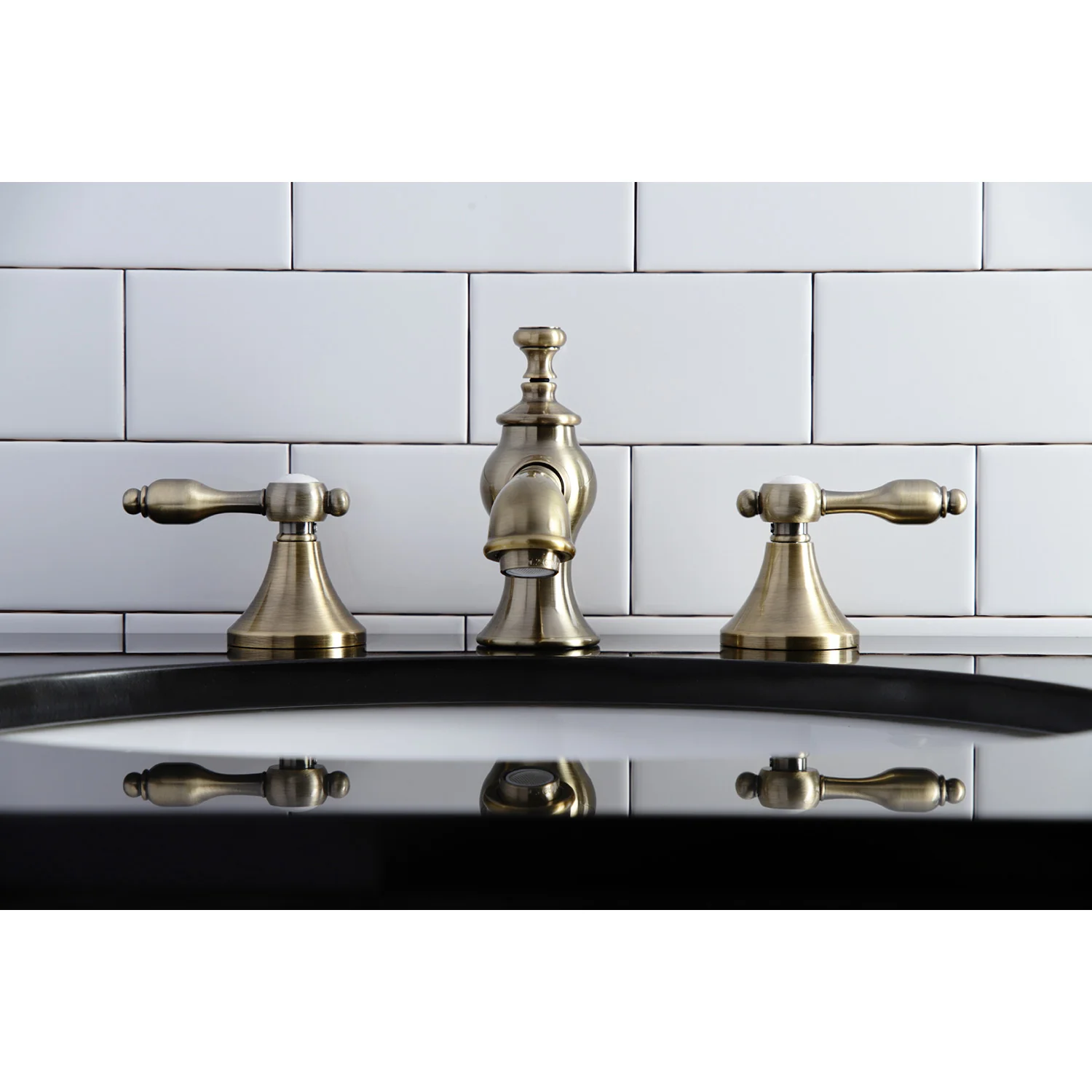 Kingston Tulare KC7063TAL - Tudor Two-Handle 3-Hole Deck Mount Widespread Bathroom Faucet with Brass Pop-Up, Antique Brass - Image 4