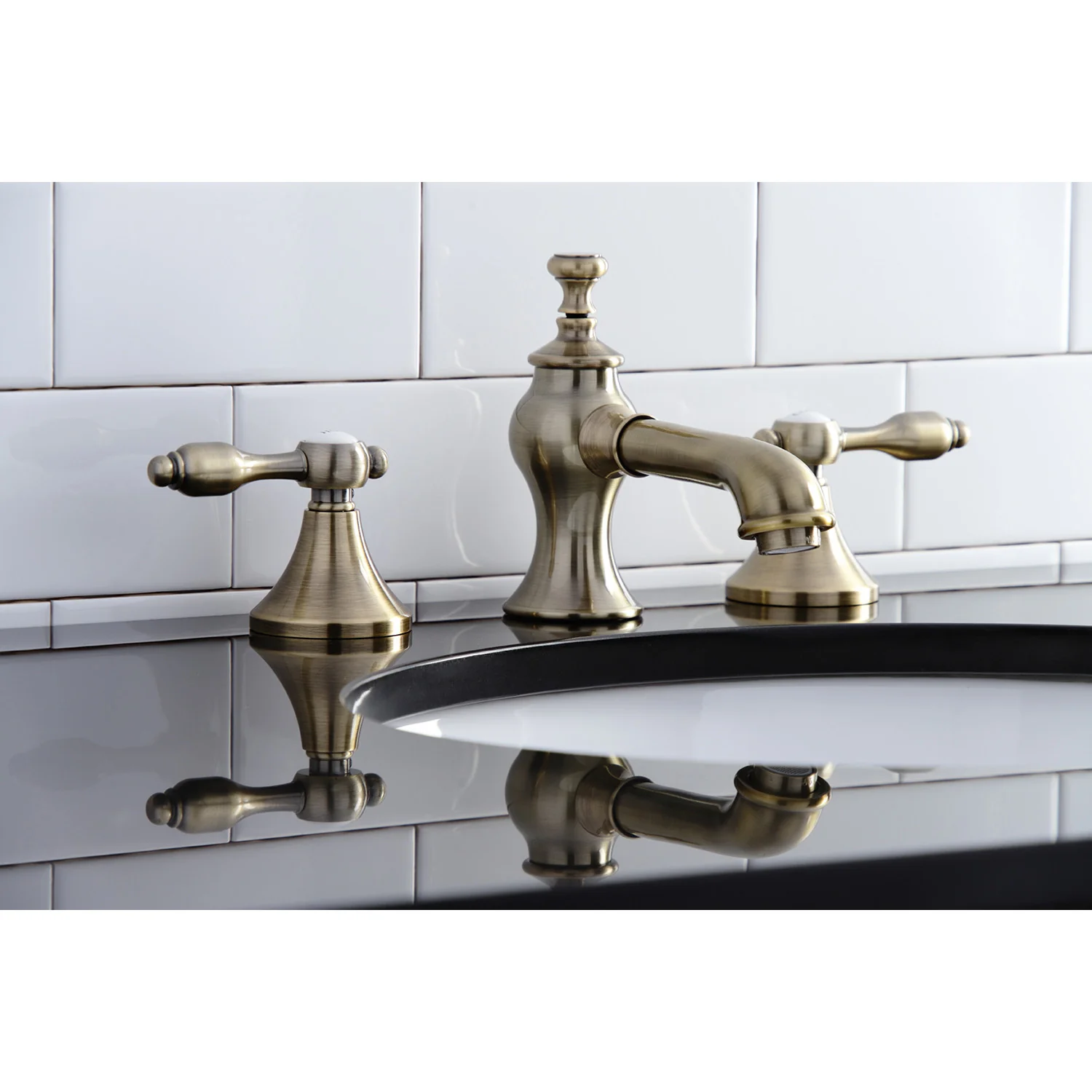 Kingston Tulare KC7063TAL - Tudor Two-Handle 3-Hole Deck Mount Widespread Bathroom Faucet with Brass Pop-Up, Antique Brass - Image 5