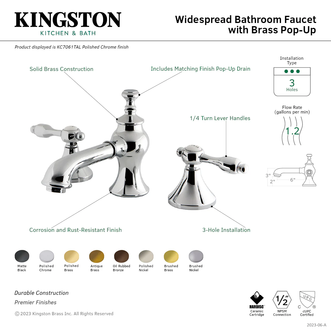 Kingston Tulare KC7063TAL - Tudor Two-Handle 3-Hole Deck Mount Widespread Bathroom Faucet with Brass Pop-Up, Antique Brass - Image 8