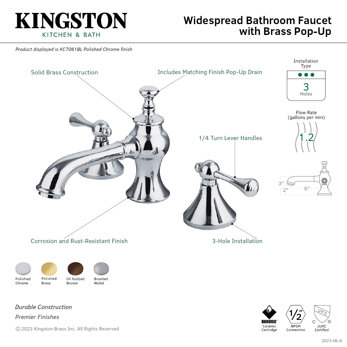 Kingston Tulare KC7065BL - English Country Two-Handle 3-Hole Deck Mount Widespread Bathroom Faucet with Brass Pop-Up, Oil Rubbed Bronze - Image 3