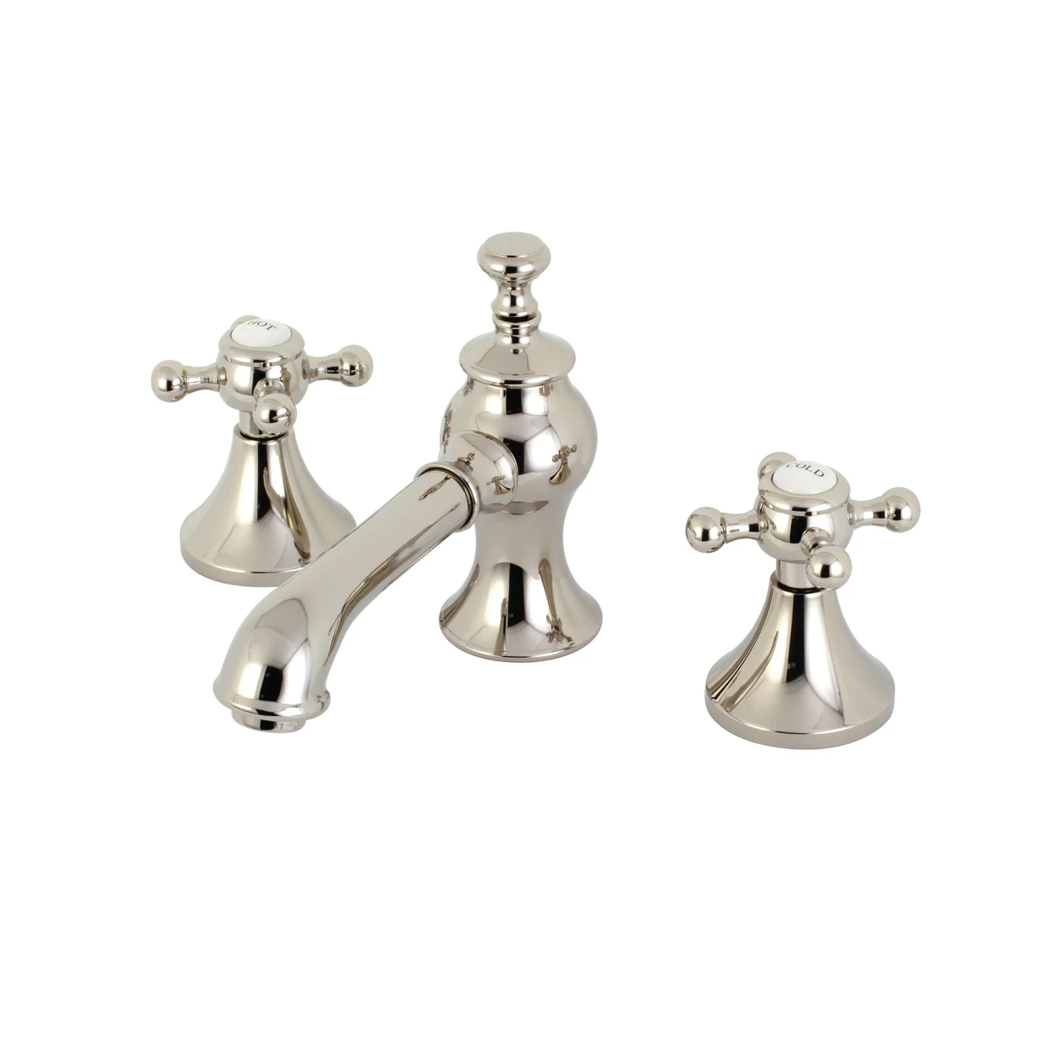 Kingston Tulare KC7066BX - English Country Two-Handle 3-Hole Deck Mount Widespread Bathroom Faucet with Brass Pop-Up, Polished Nickel