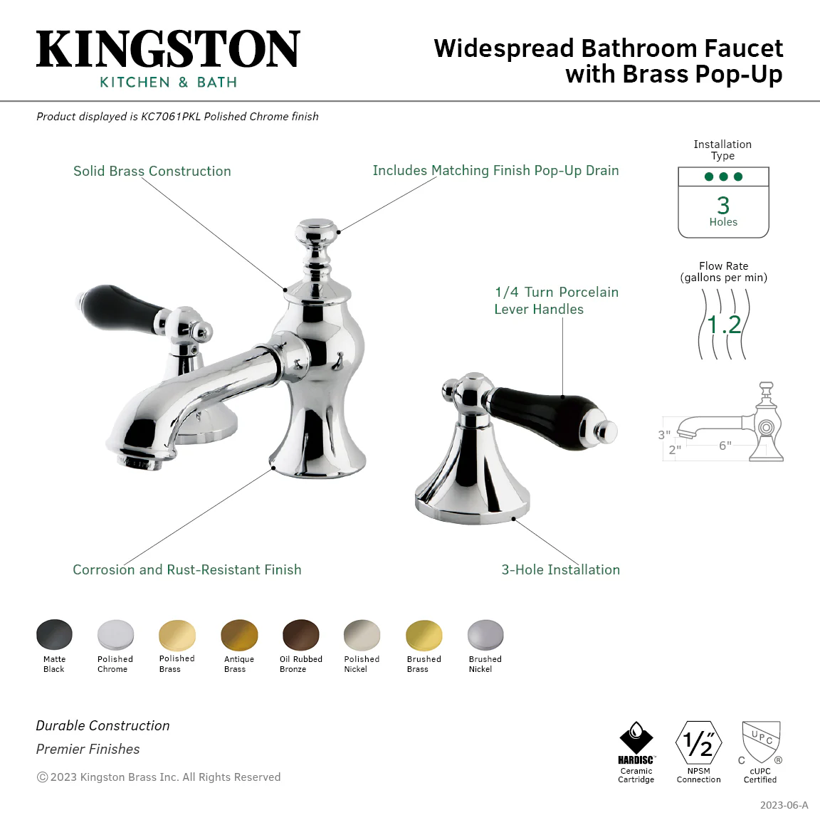 Kingston Tulare KC7066PKL - Duchess Two-Handle 3-Hole Deck Mount Widespread Bathroom Faucet with Brass Pop-Up, Polished Nickel - Image 7