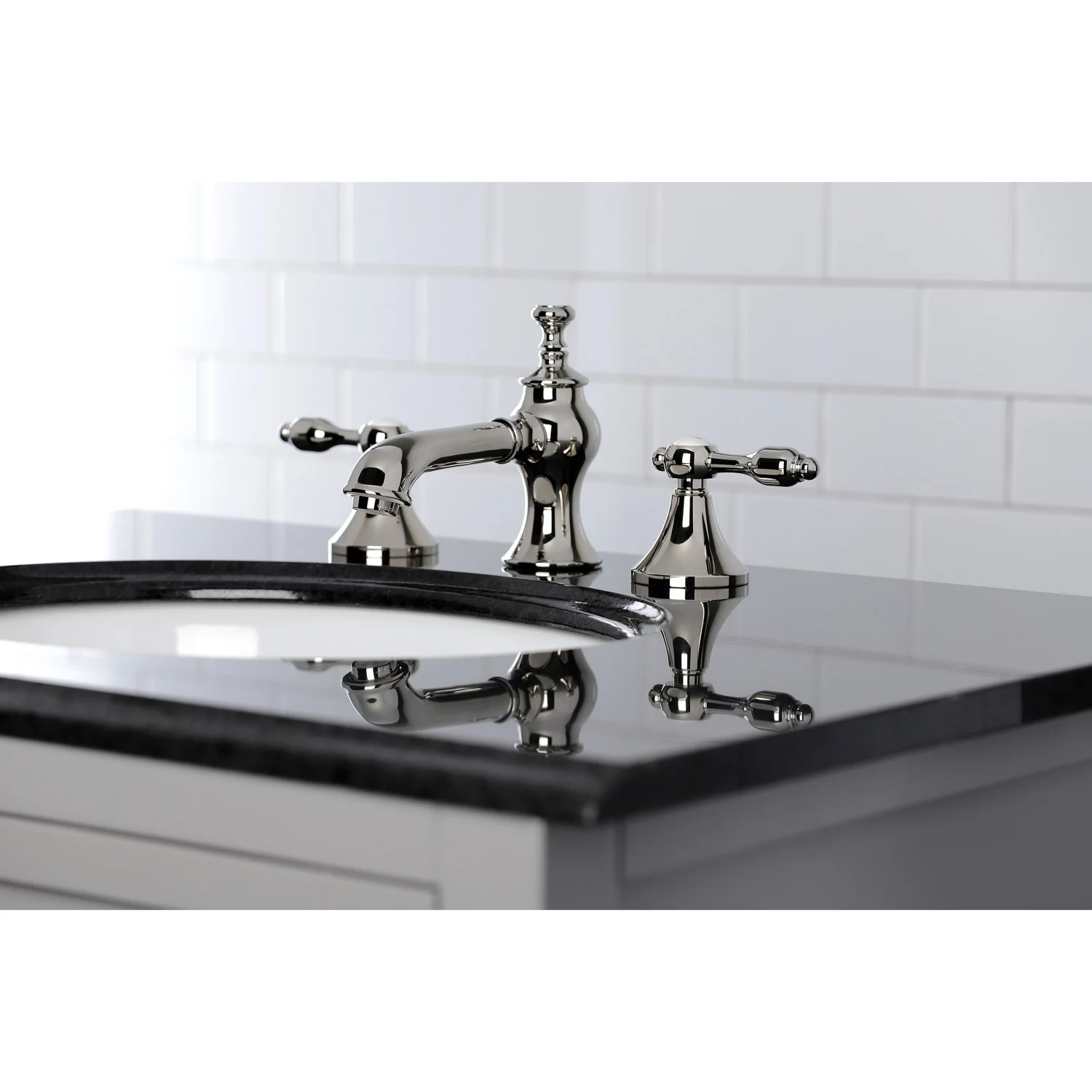 Kingston Tulare KC7066TAL - Tudor Two-Handle 3-Hole Deck Mount Widespread Bathroom Faucet with Brass Pop-Up, Polished Nickel - Image 4